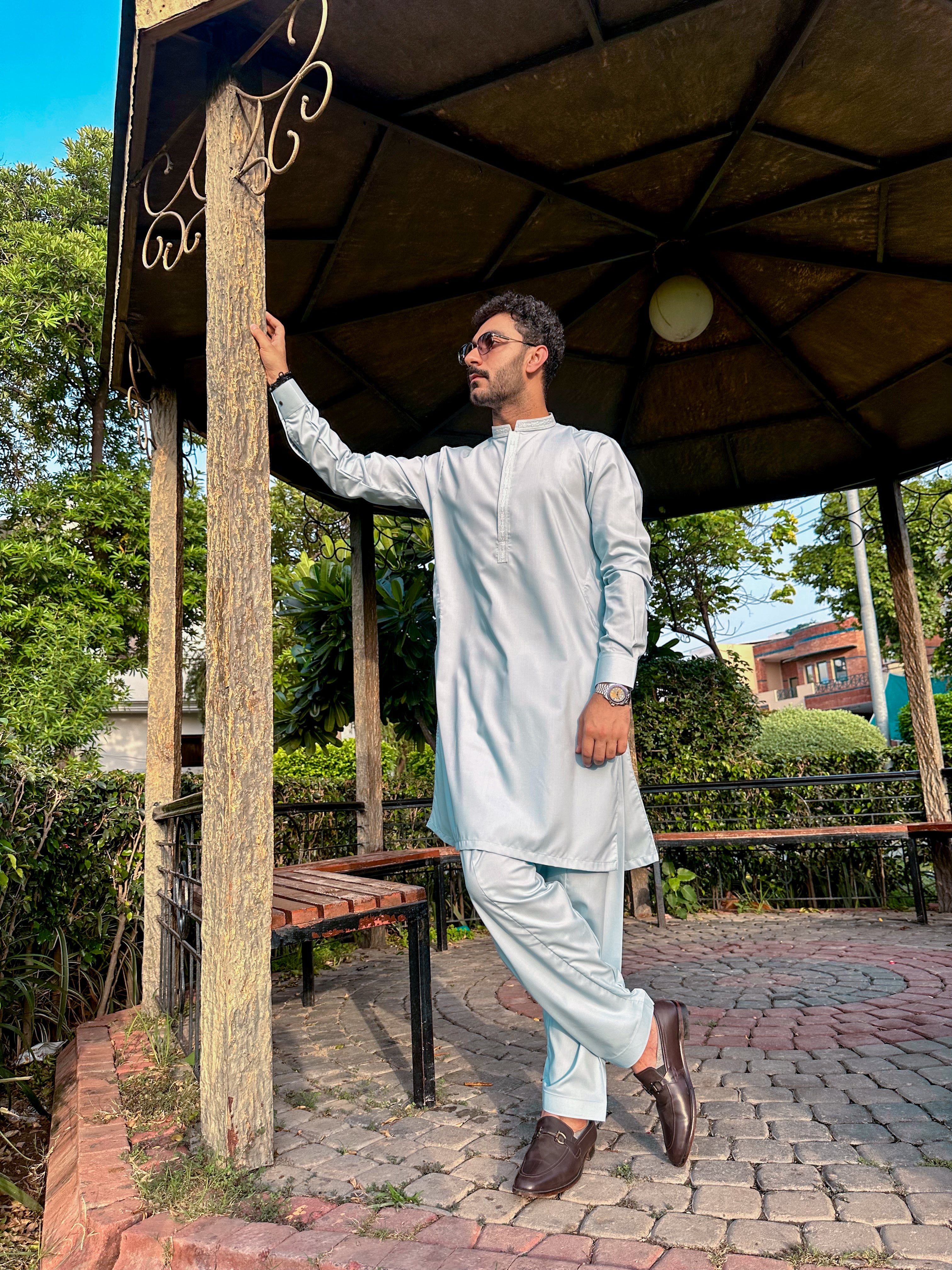 Formal Sky Blue Kurta Shalwar - Collar Neck Embroidered - Men