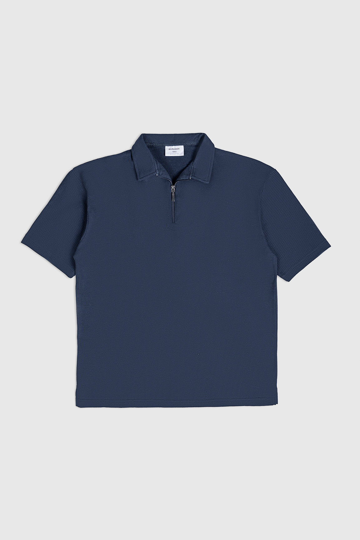 Deep Blue Oversized Waffle Zipper Polo - Men