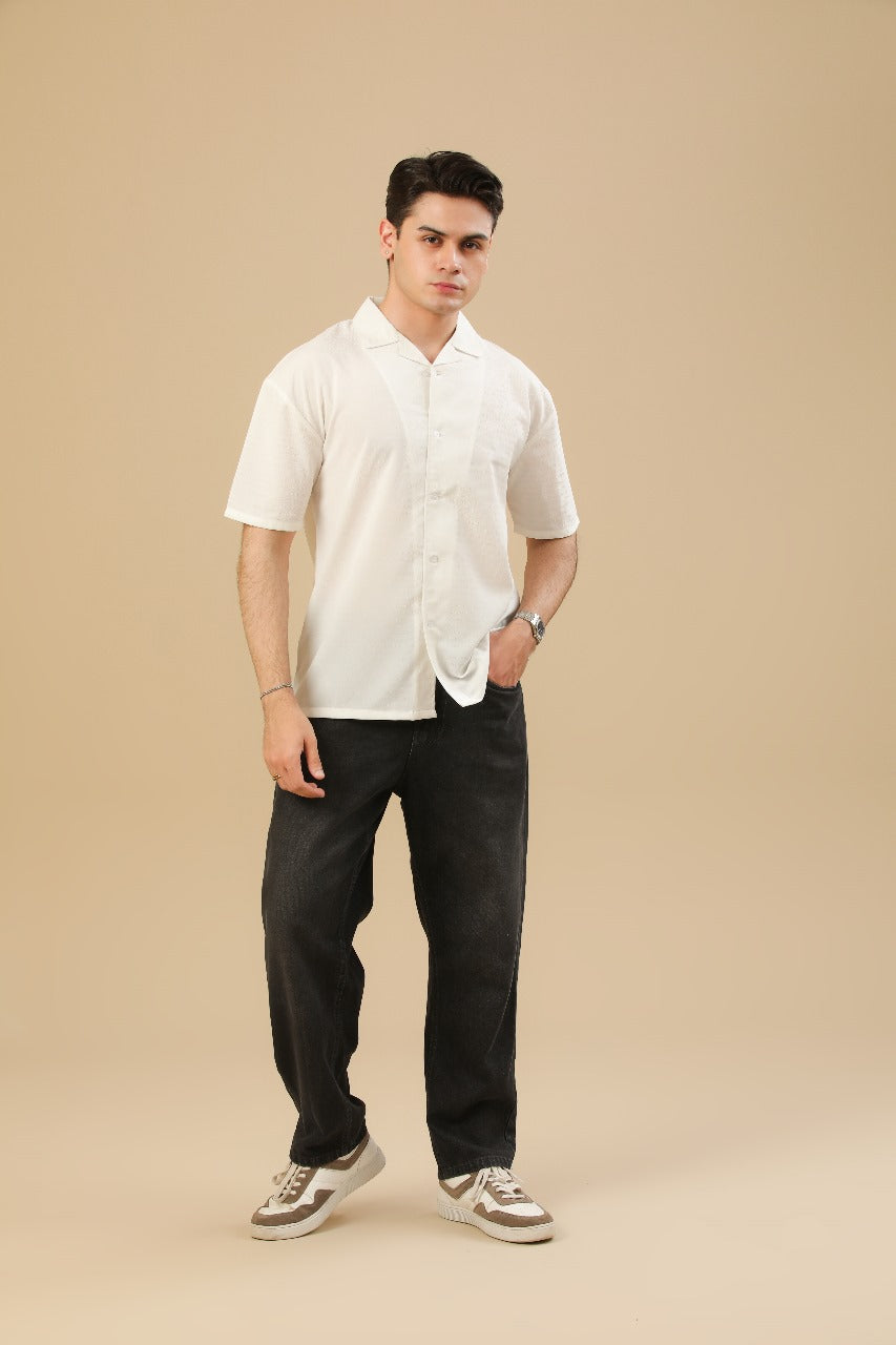 Off White Textured Oversized Resort Collar Button Down – Men