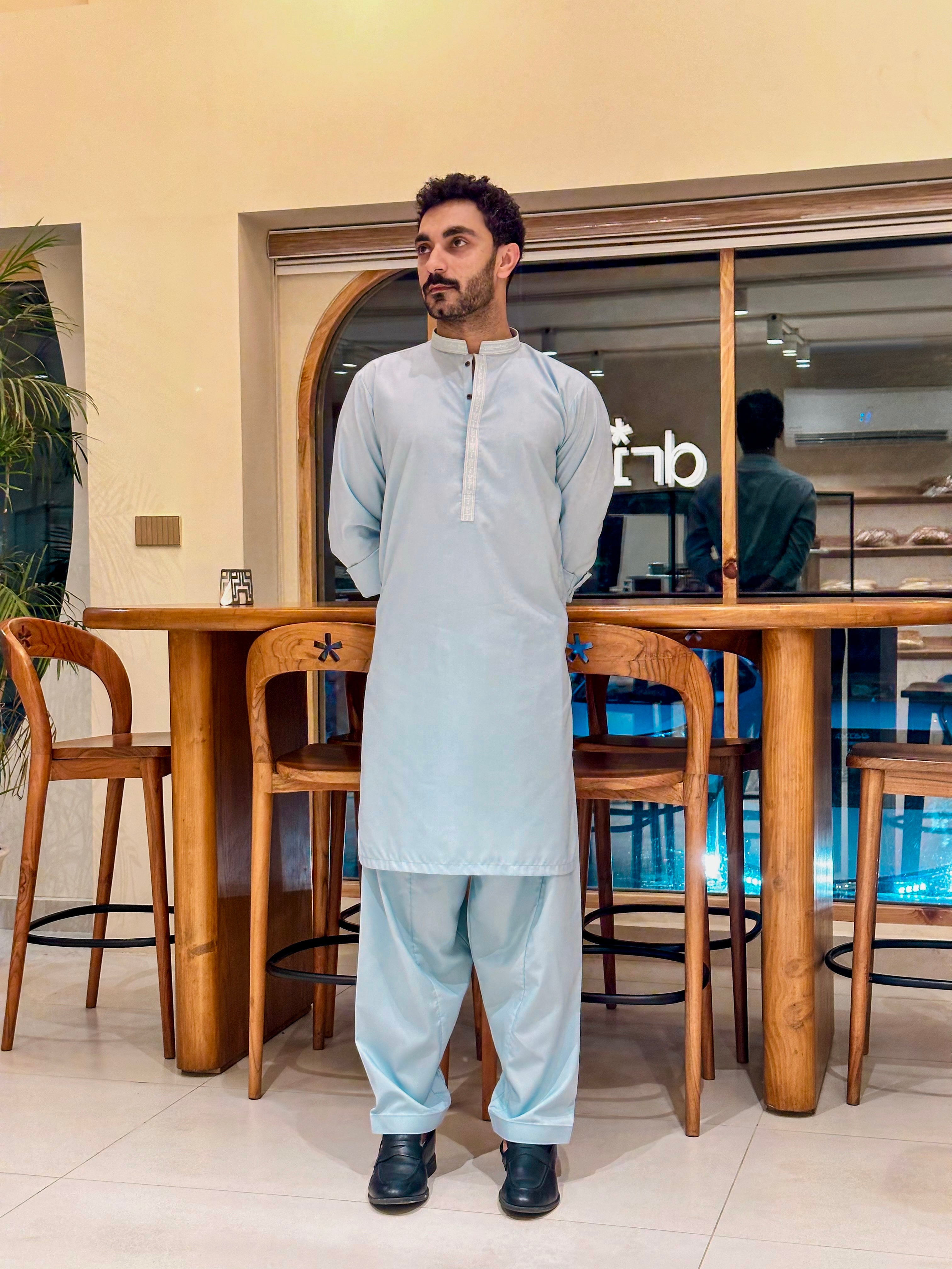 Formal Sky Blue Kurta Shalwar - Collar Neck Embroidered - Men