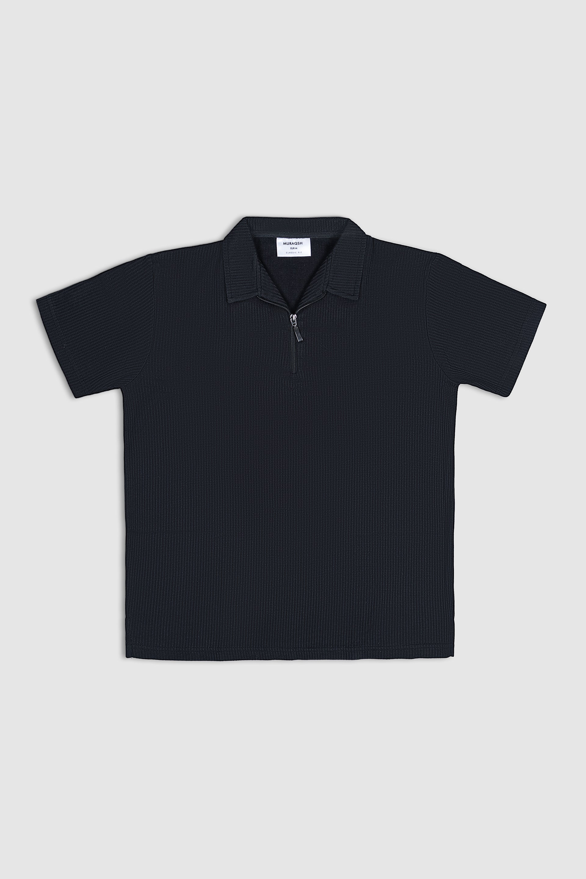 Black Drop Needle Zipper Polo Shirt - Men