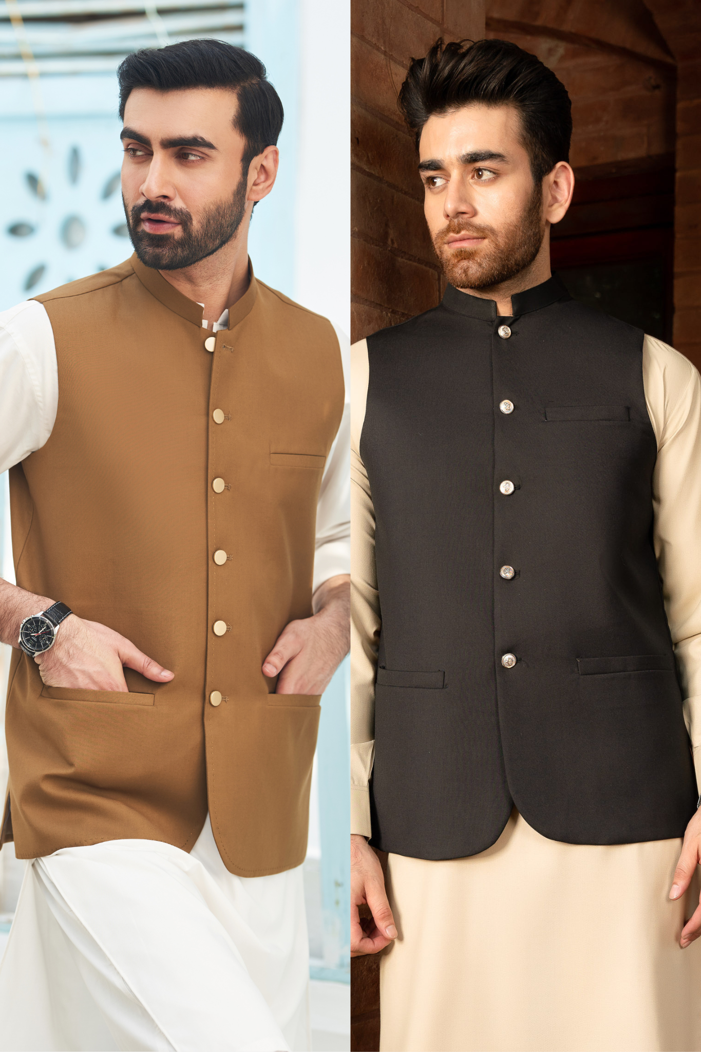 Pack of 2 Suiting Waistcoats - Round Cut - Camel & Opal Black