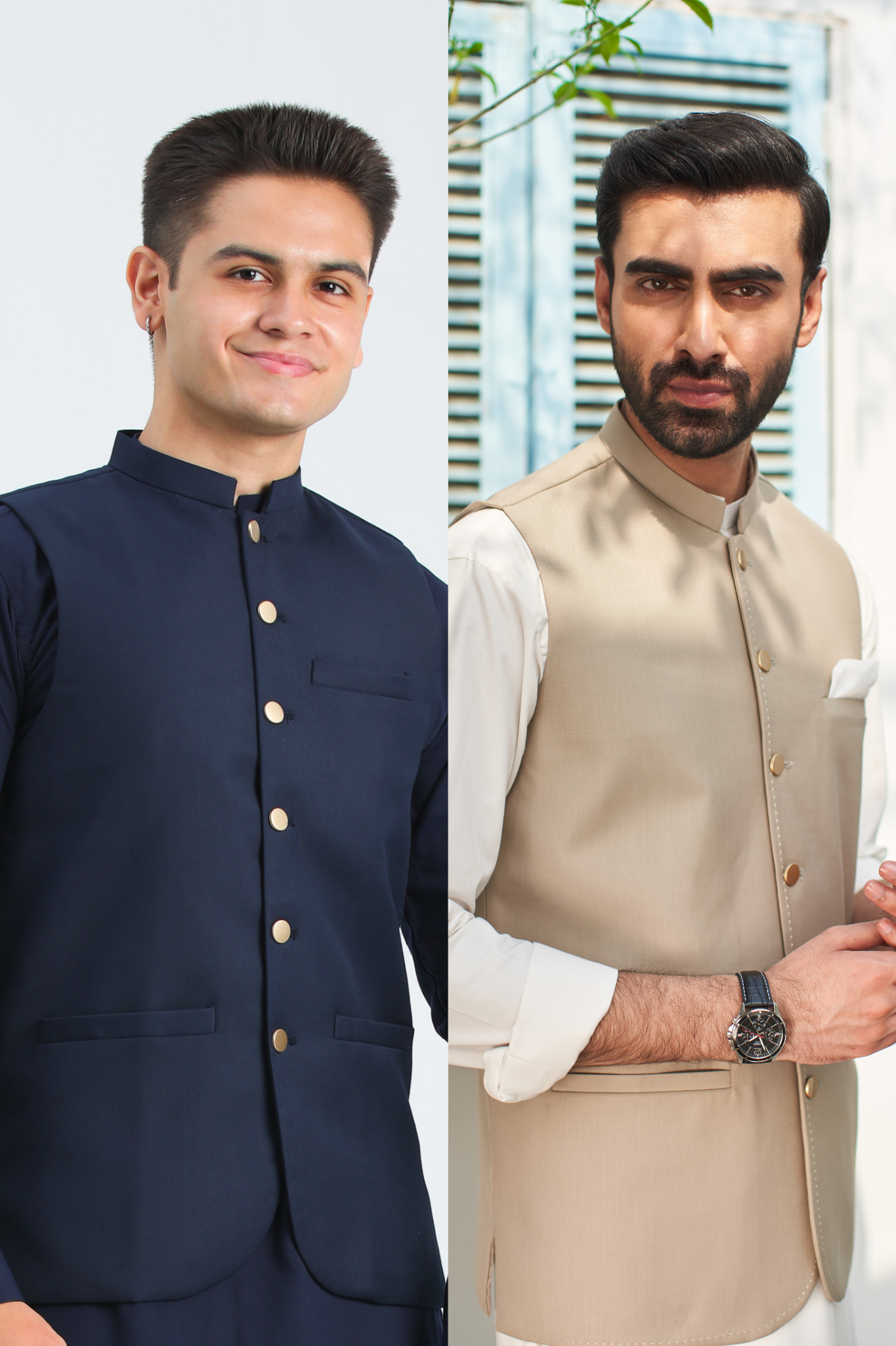 Pack of 2 Suiting Waistcoats - Round Cut - Beige & Navy Blue