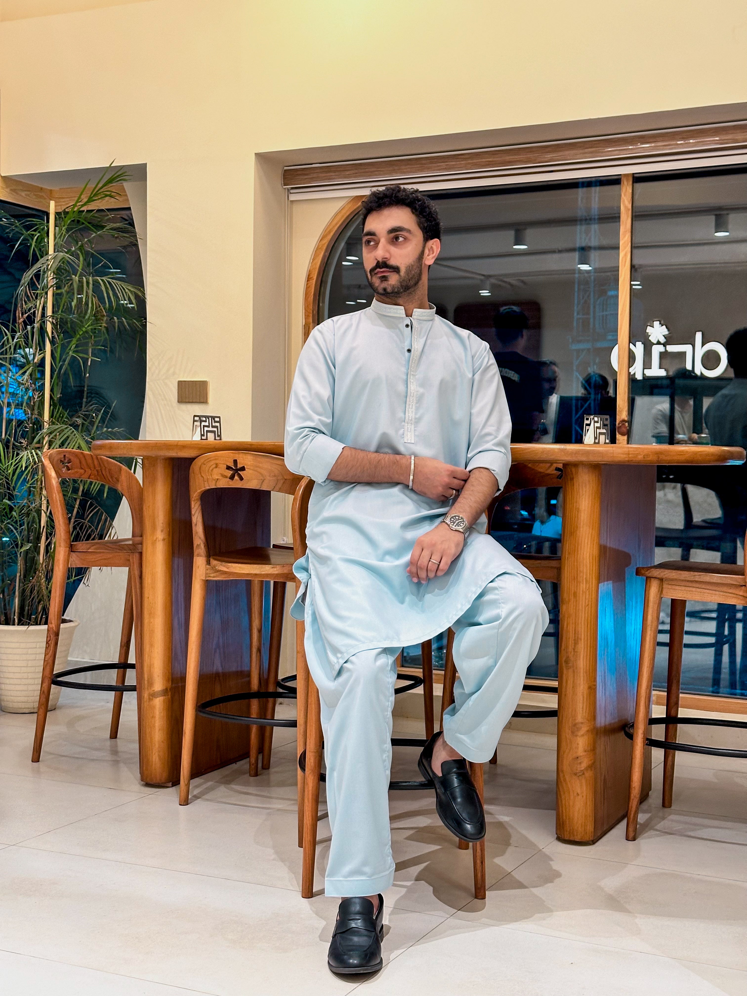 Formal Sky Blue Kurta Shalwar - Collar Neck Embroidered - Men