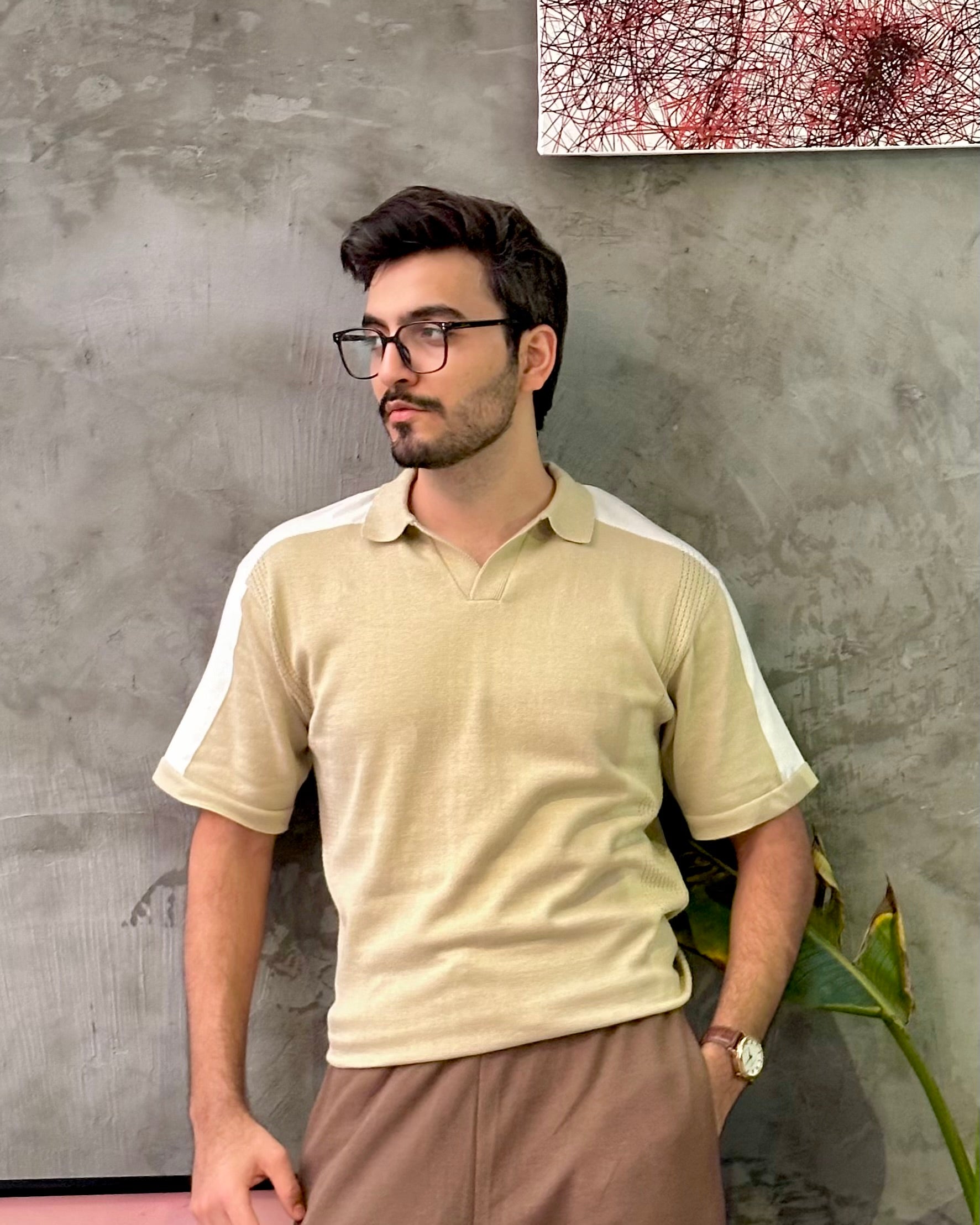 Sandstone Milano Knit Polo with Textured Shoulder - Men