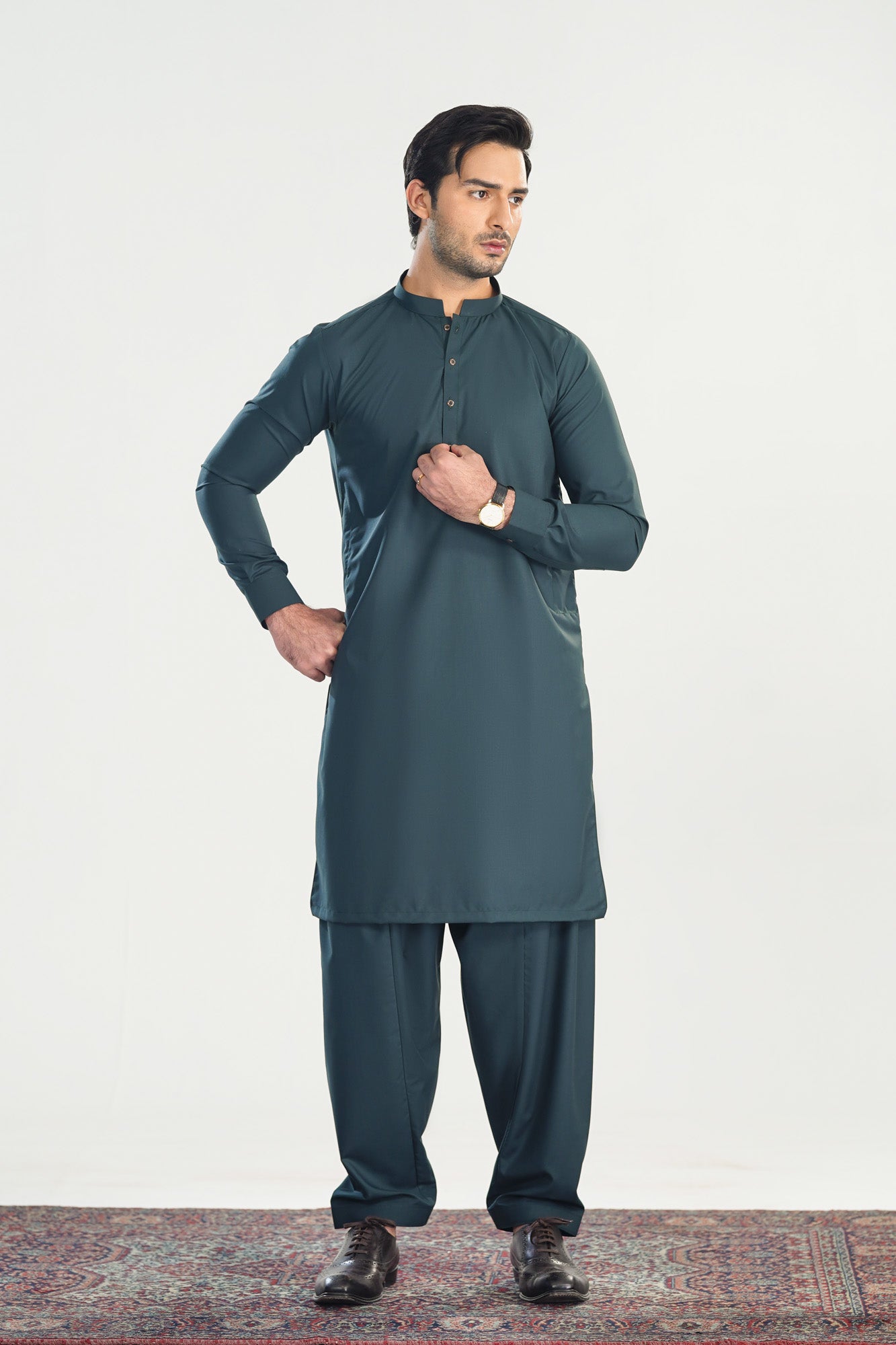 Dark Green Blended Suiting Kameez Shalwar - Men