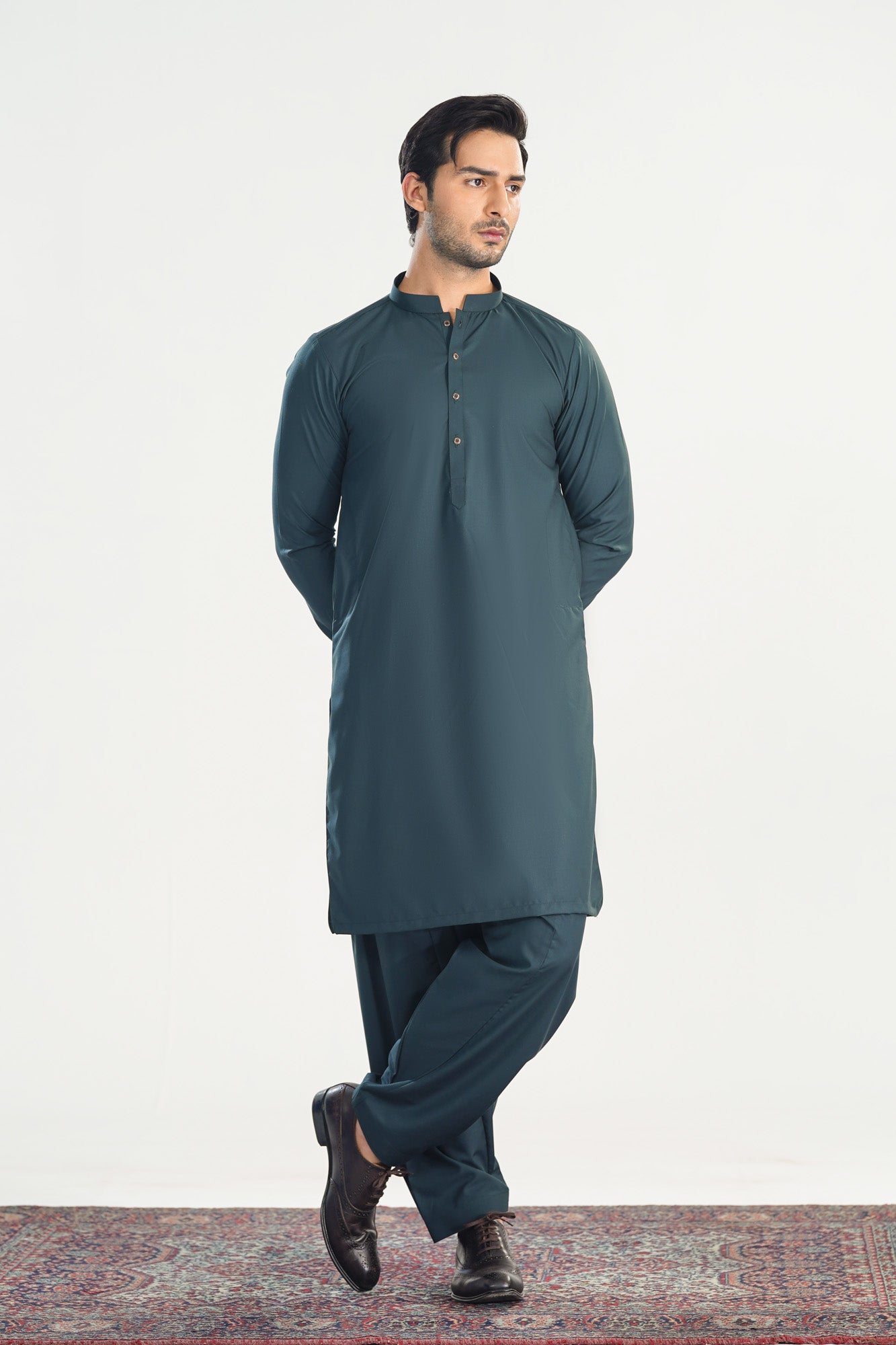 Dark Green Kameez Shalwar with Blended Waistcoat - Straight Cut - Men