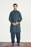 Dark Green Kameez Shalwar with Blended Waistcoat - Straight Cut - Men