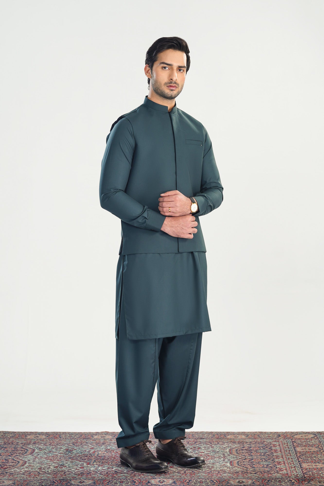 Dark Green Kameez Shalwar with Blended Waistcoat - Straight Cut - Men