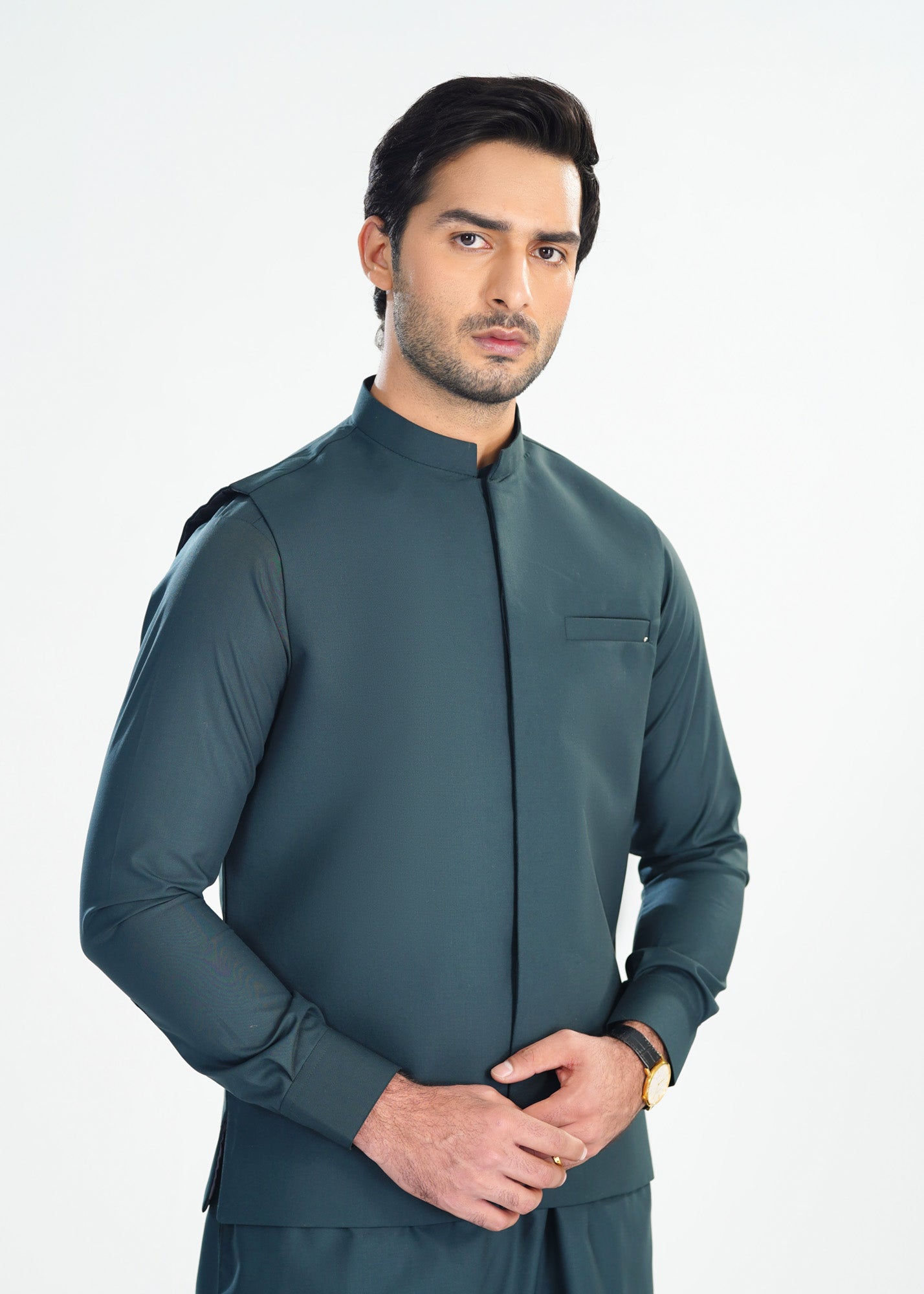 Dark Green Kameez Shalwar with Blended Waistcoat - Straight Cut - Men