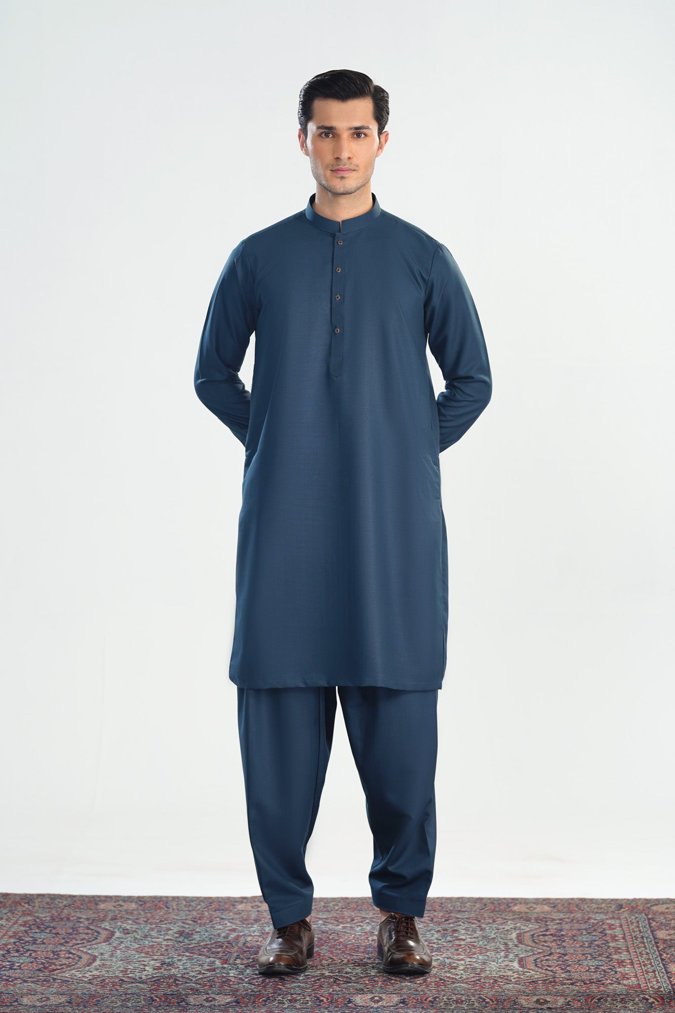 Midnight Blue Kameez Shalwar with Blended Waistcoat - A-Line Cut - Men