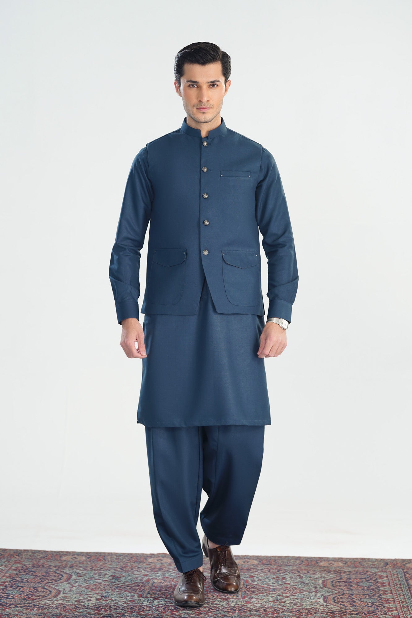 Midnight Blue Kameez Shalwar with Blended Waistcoat - A-Line Cut - Men