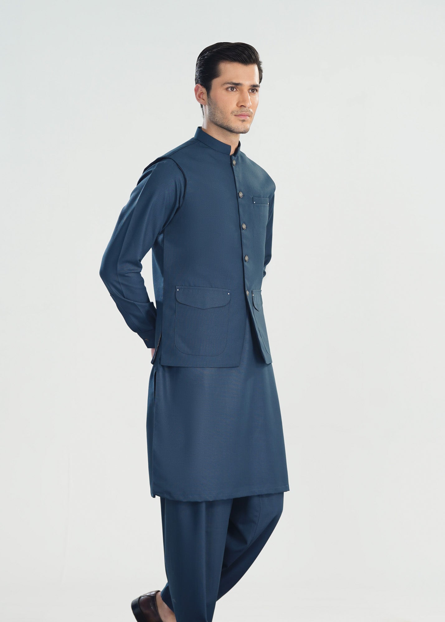 Midnight Blue Kameez Shalwar with Blended Waistcoat - A-Line Cut - Men