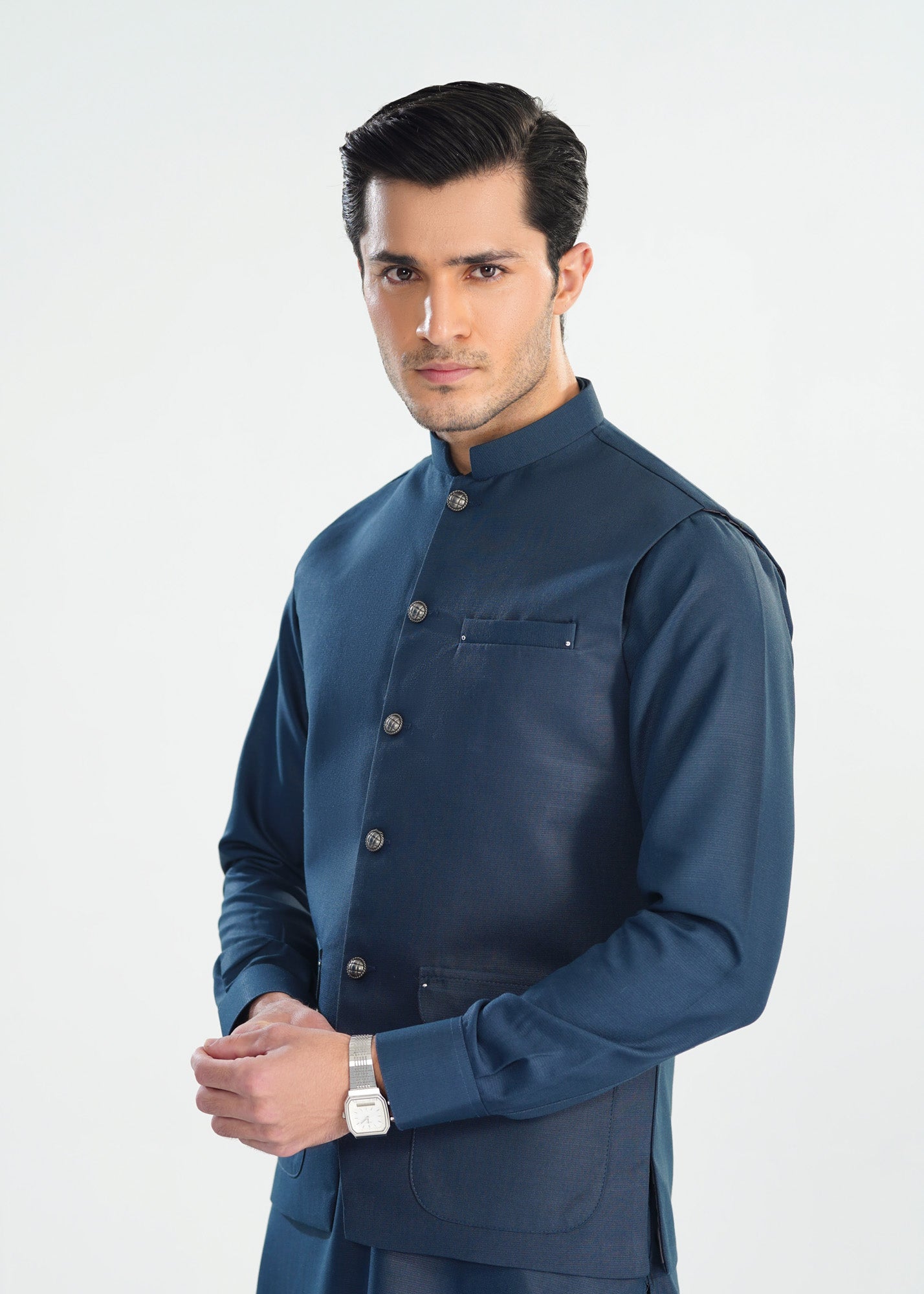 Midnight Blue Kameez Shalwar with Blended Waistcoat - A-Line Cut - Men