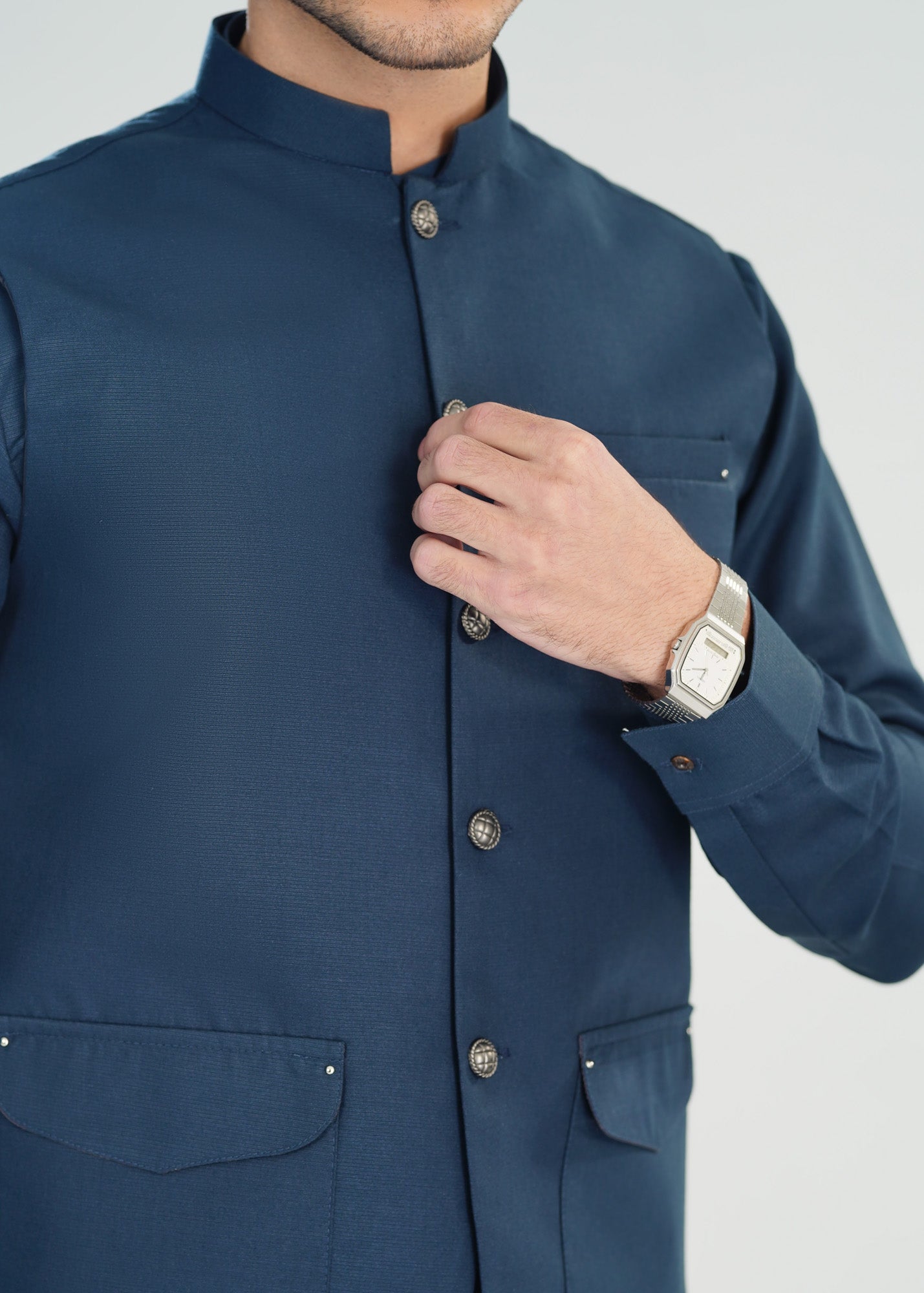 Midnight Blue Kameez Shalwar with Blended Waistcoat - A-Line Cut - Men