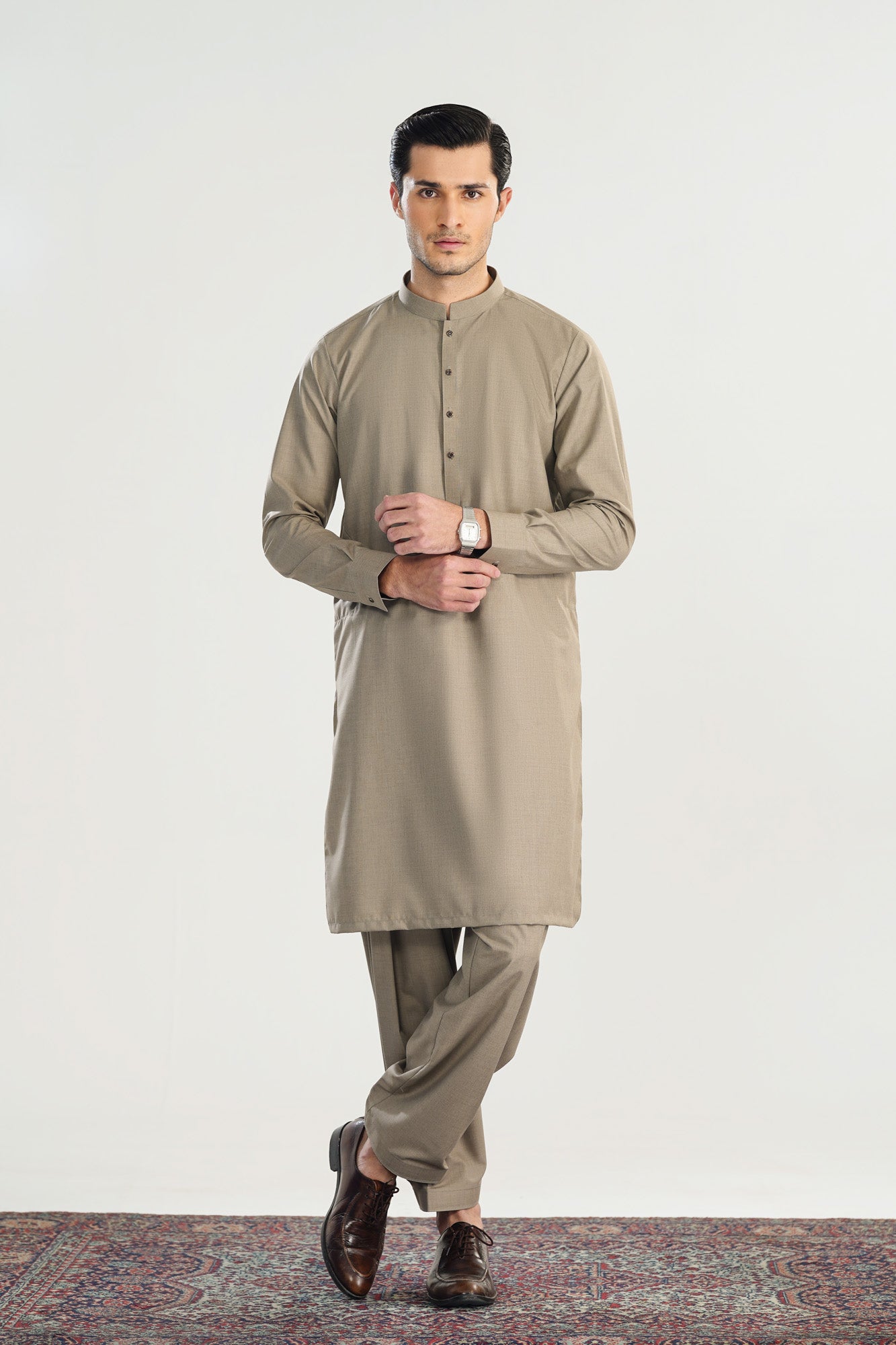 Sand Beige Blended Suiting Kameez Shalwar - Men