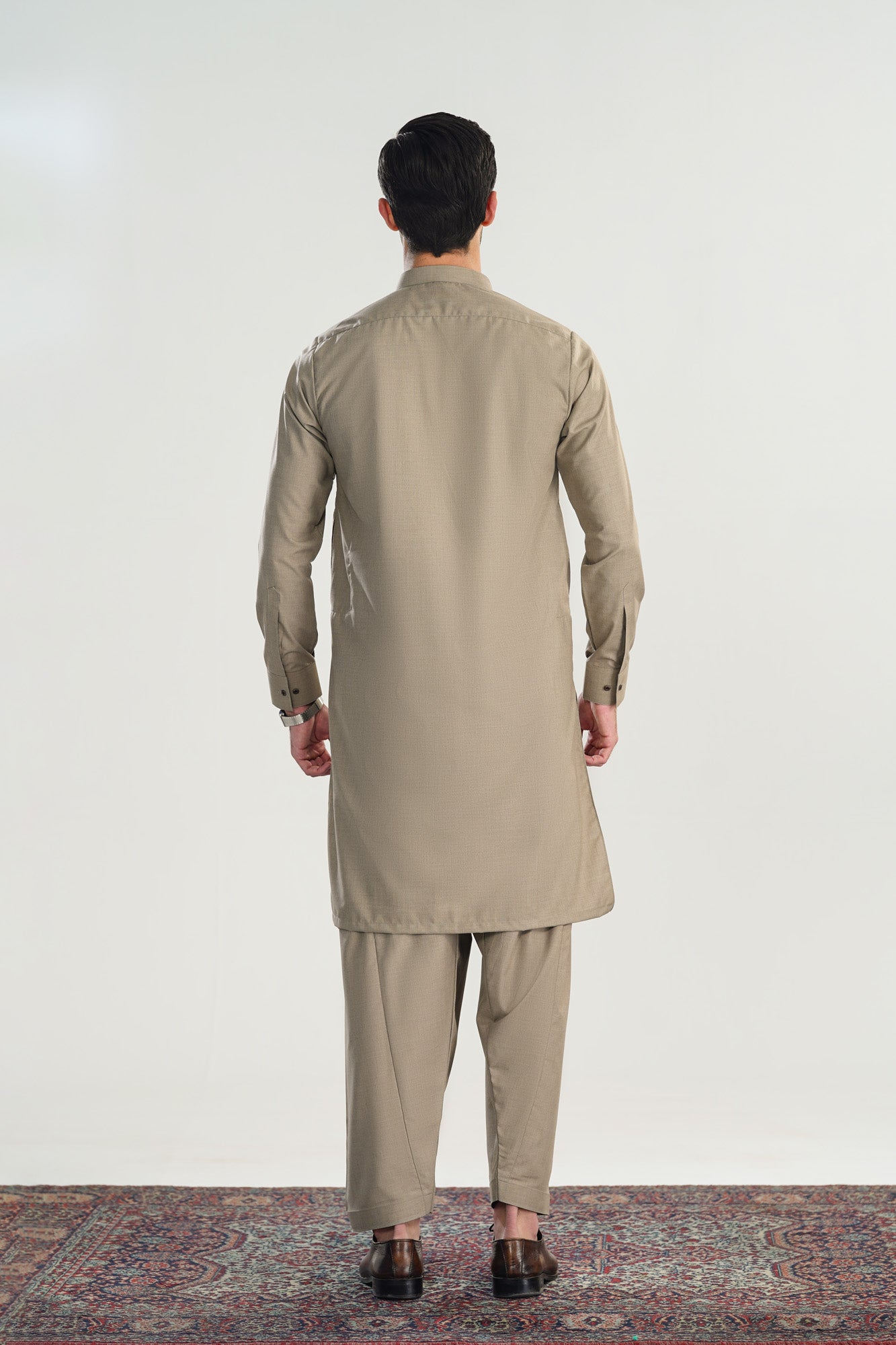 Sand Beige Blended Suiting Kameez Shalwar - Men