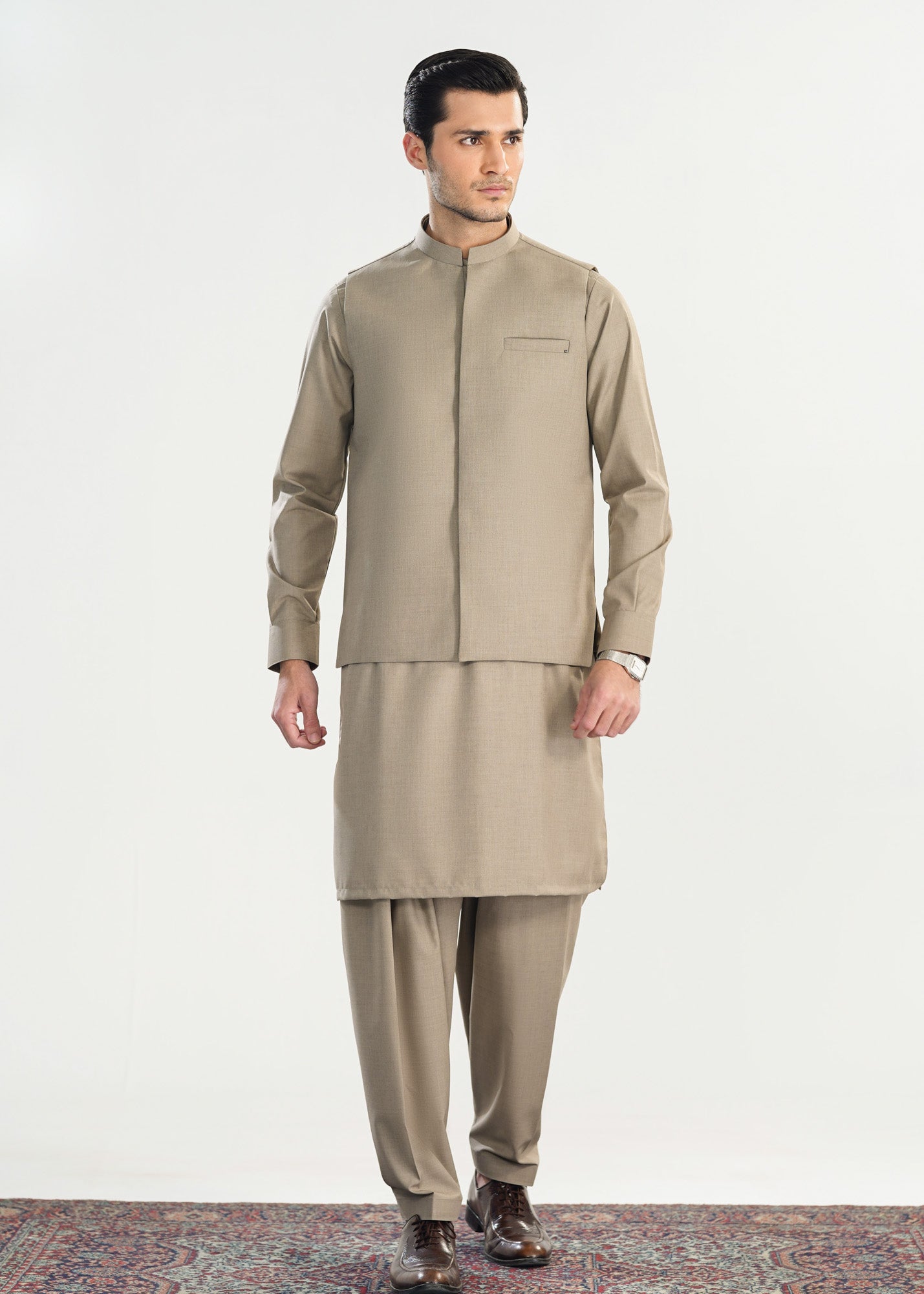 Sand Beige Kameez Shalwar with Blended Waistcoat - Straight Cut - Men