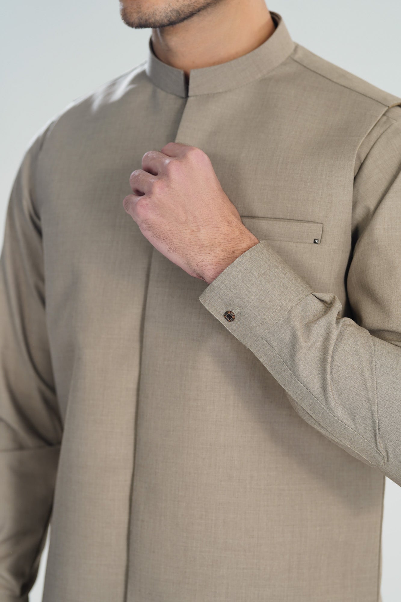 Sand Beige Kameez Shalwar with Blended Waistcoat - Straight Cut - Men