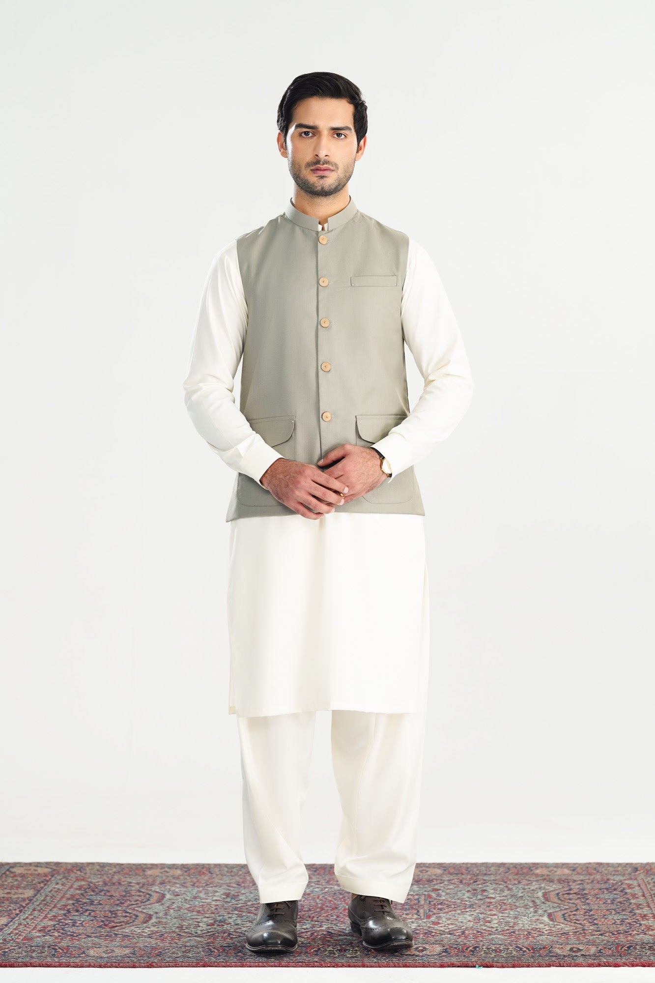 Bosky White Kurta Shalwar with Sand Grey Suiting Waistcoat - Straight Cut - Men
