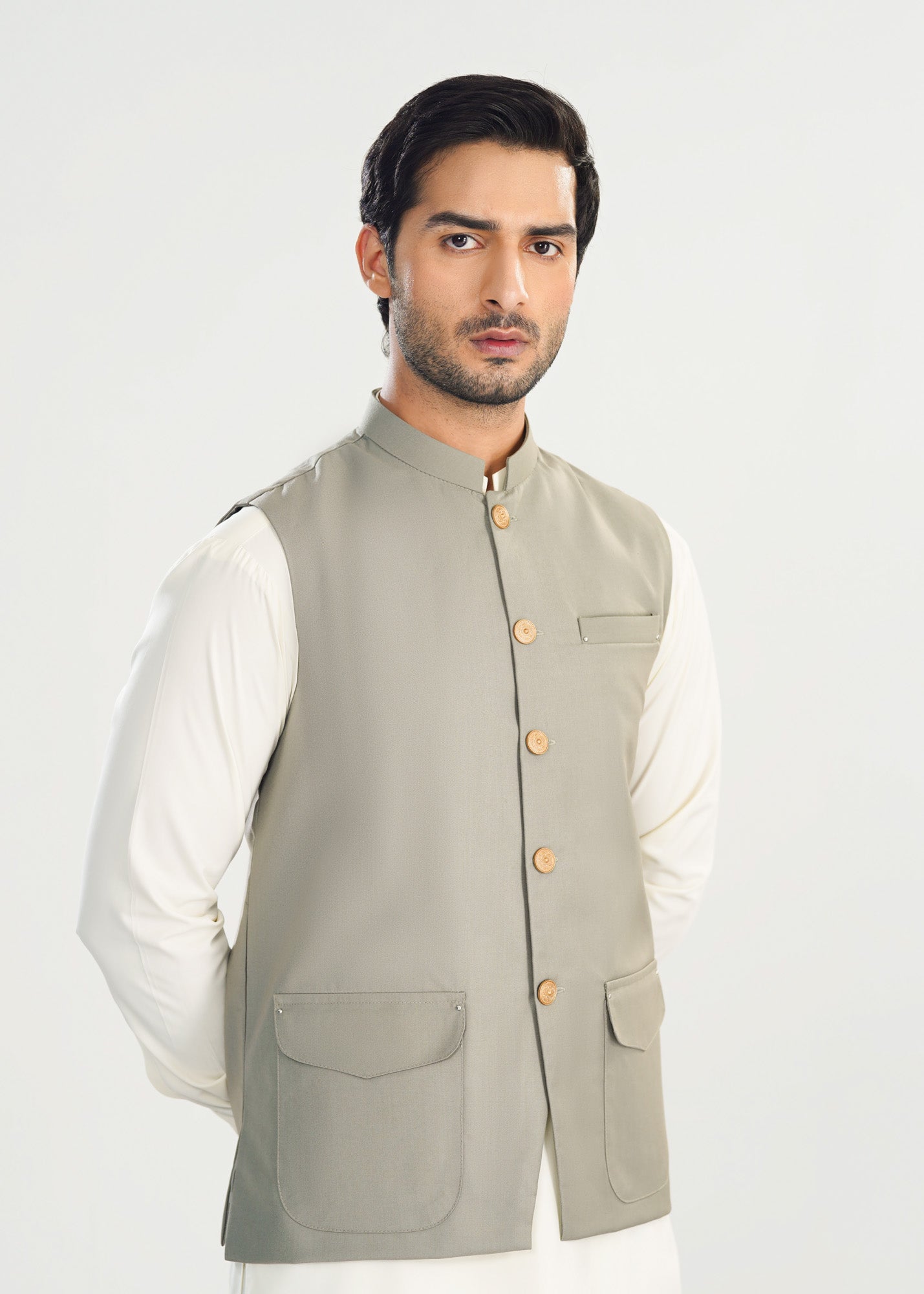 Bosky White Kurta Shalwar with Sand Grey Suiting Waistcoat - Straight Cut - Men