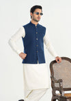 Bosky White Kurta Shalwar with Midnight Blue Wool Waistcoat - Straight Cut - Men - Muraqsh -- Menswear
