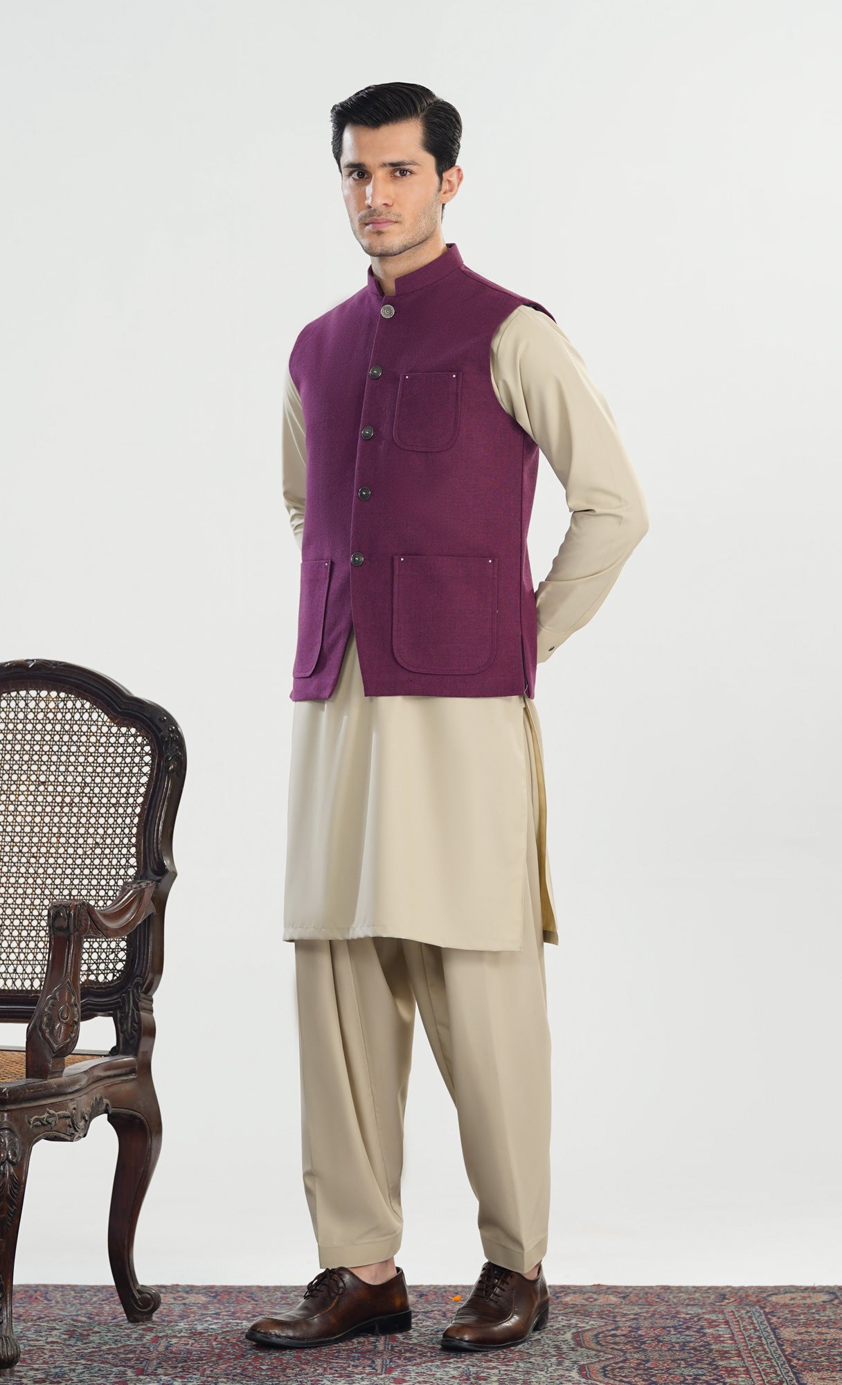 Bisque Kurta Shalwar with Plum Khaddar Waistcoat - A-Line Cut - Men
