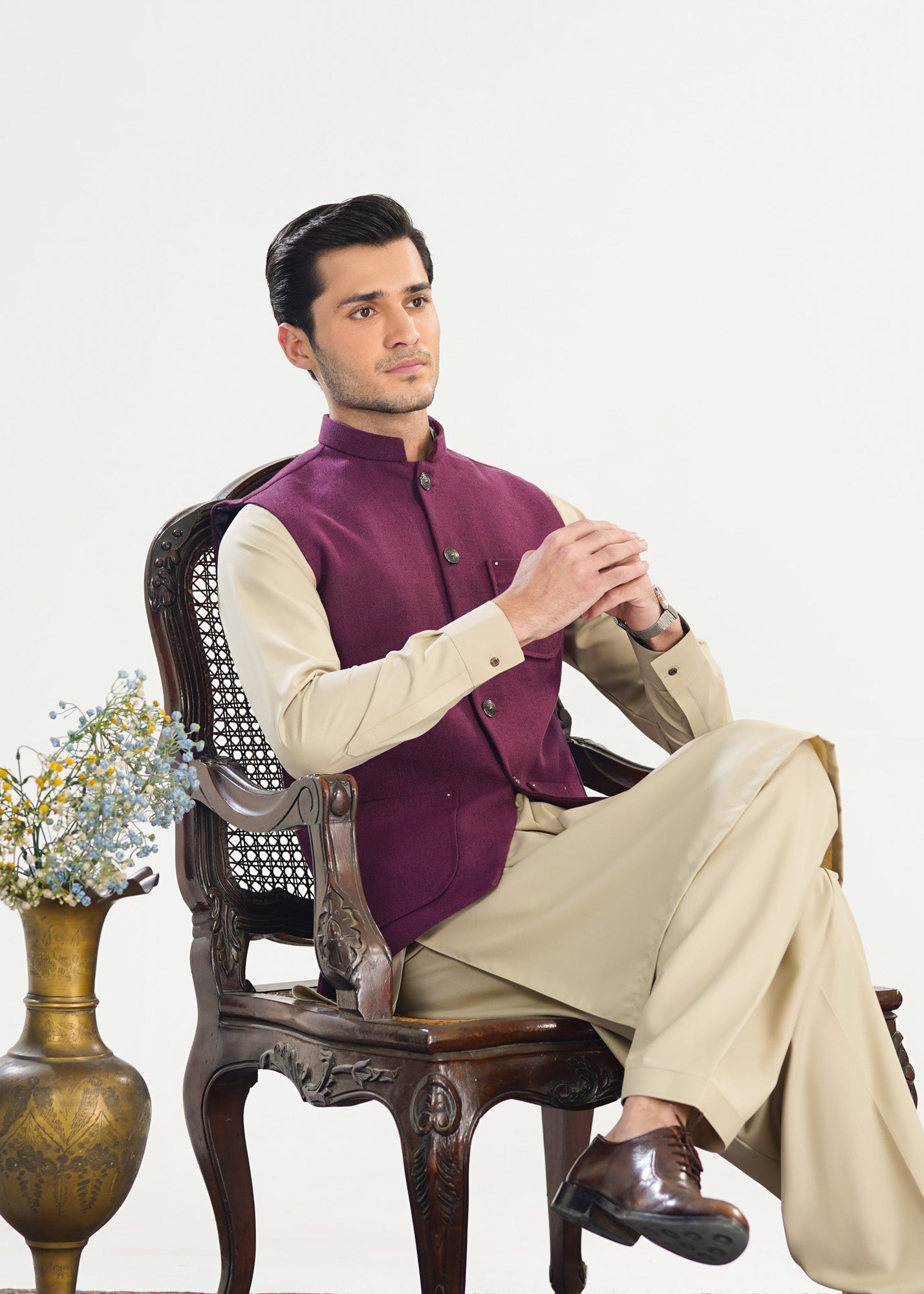 Plum Handloomed Khaddar Waistcoat - A-Line Cut - Men
