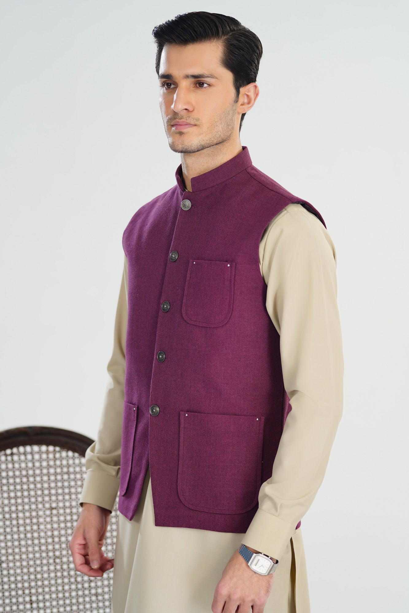 Plum Handloomed Khaddar Waistcoat - A-Line Cut - Men