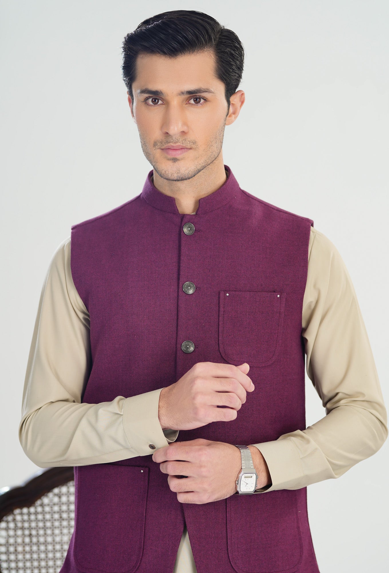 Plum Handloomed Khaddar Waistcoat - A-Line Cut - Men