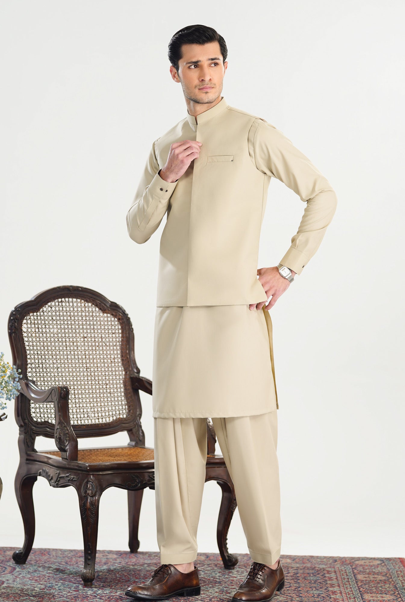 Bisque Kameez Shalwar with Blended Waistcoat - Straight Cut - Men