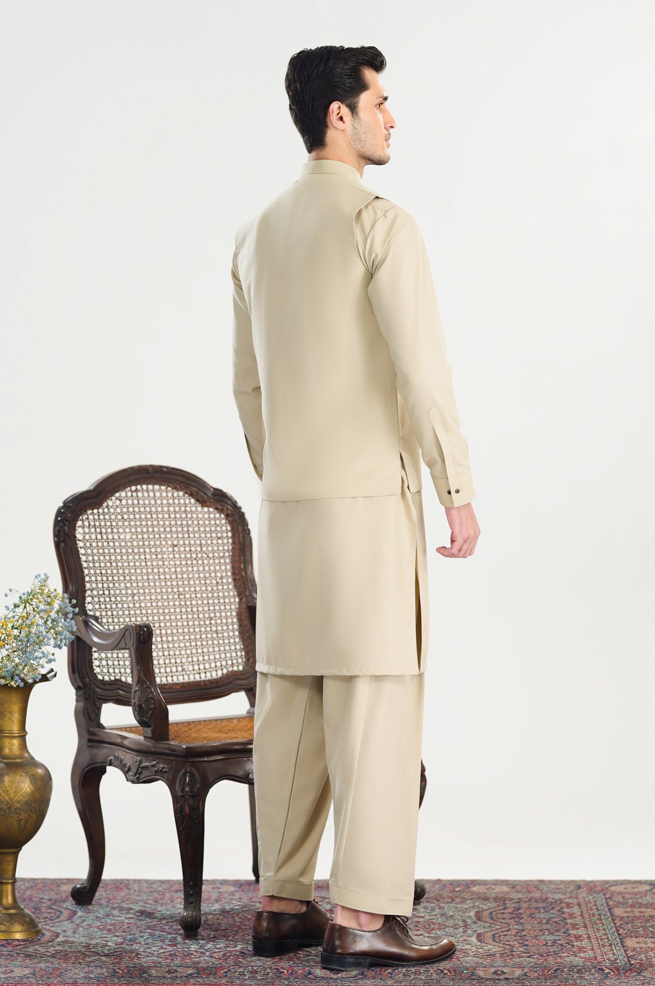 Bisque Kameez Shalwar with Blended Waistcoat - Straight Cut - Men