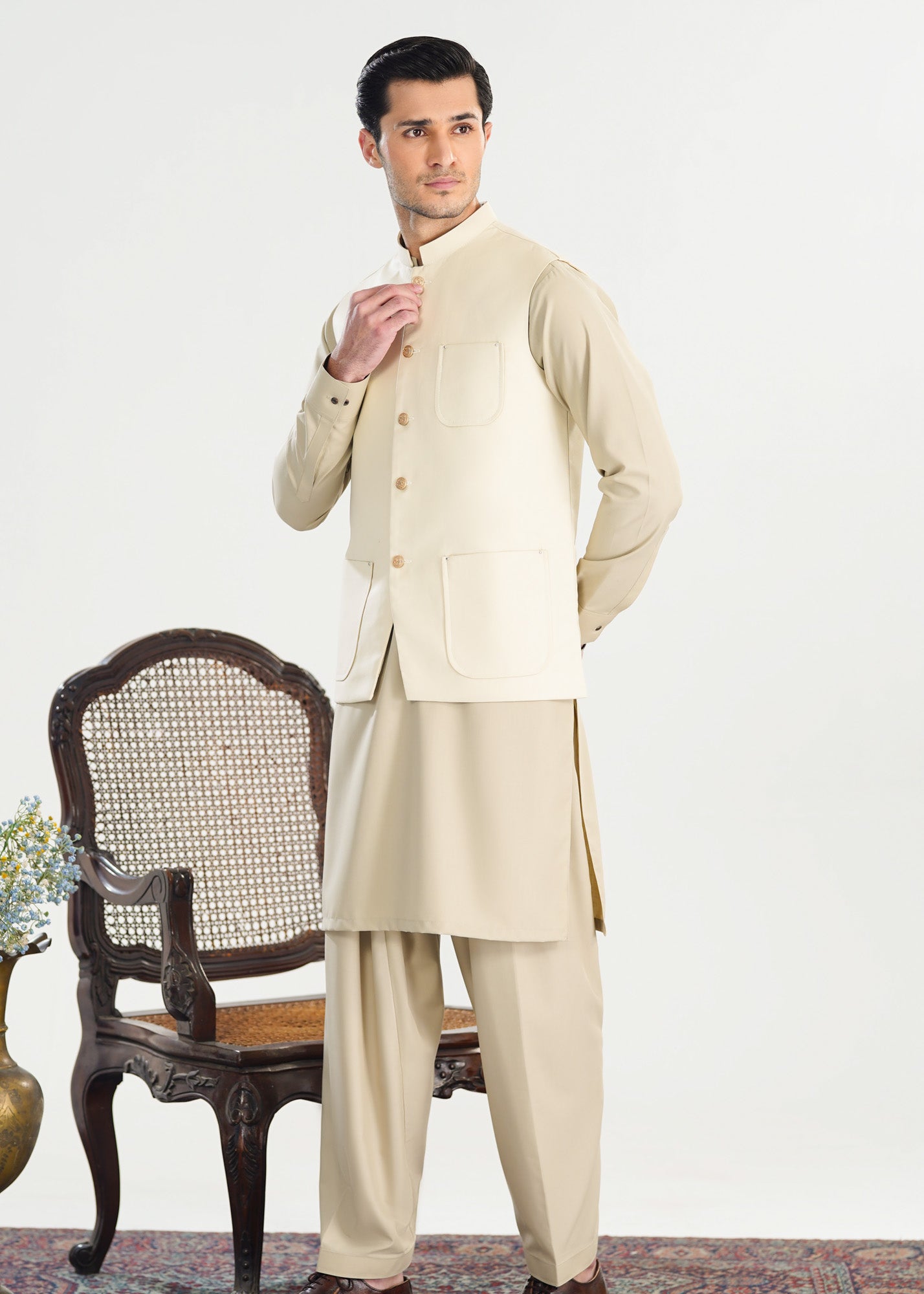 Bisque Kurta Shalwar with Creamy White Suiting Waistcoat - Straight Cut - Men