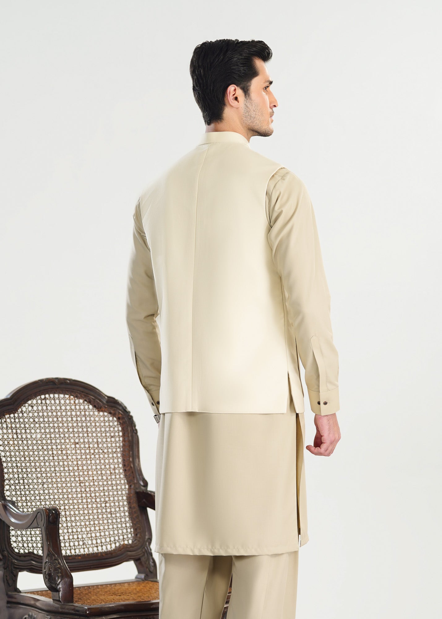 Bisque Kurta Shalwar with Creamy White Suiting Waistcoat - Straight Cut - Men