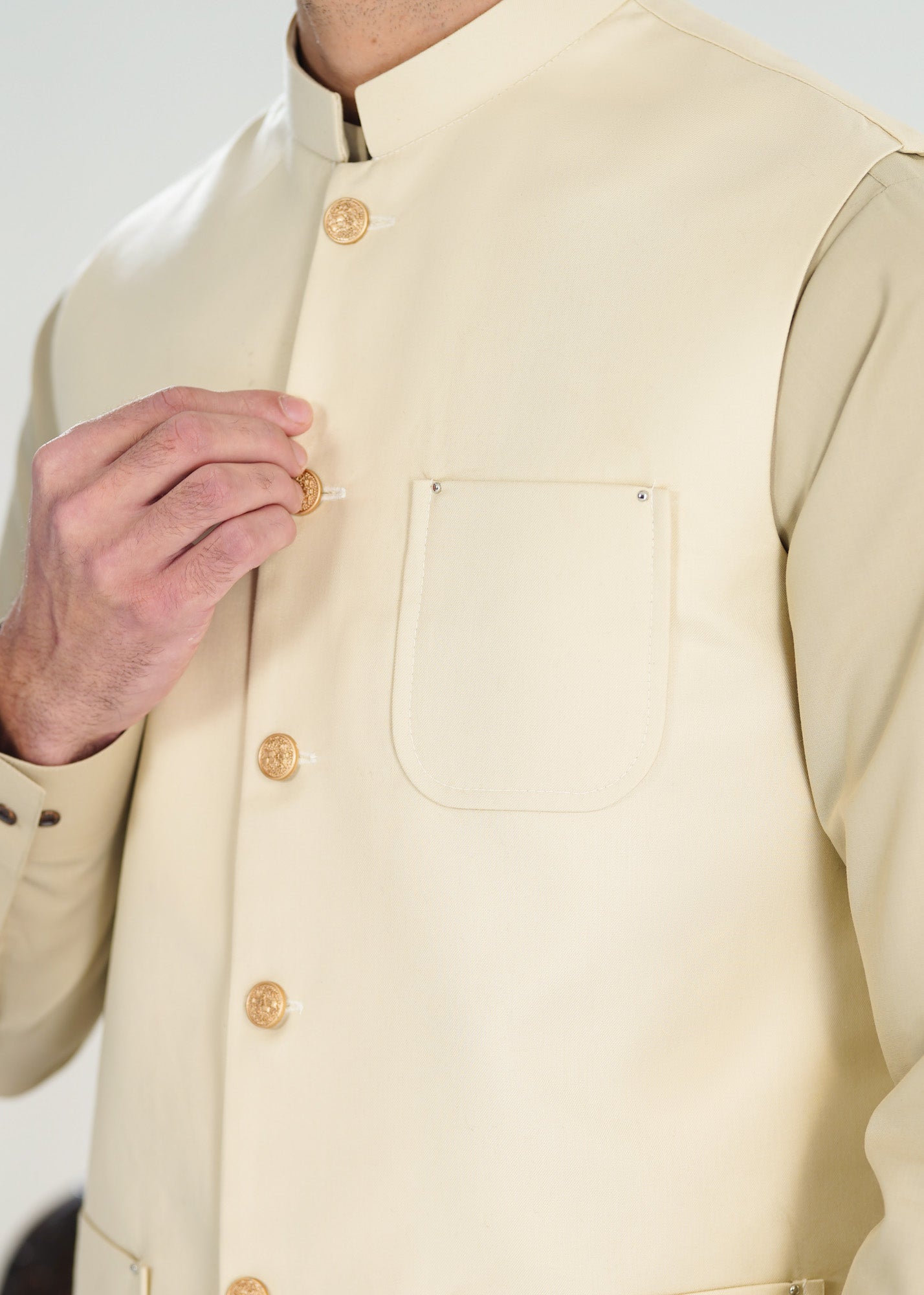 Bisque Kurta Shalwar with Creamy White Suiting Waistcoat - Straight Cut - Men