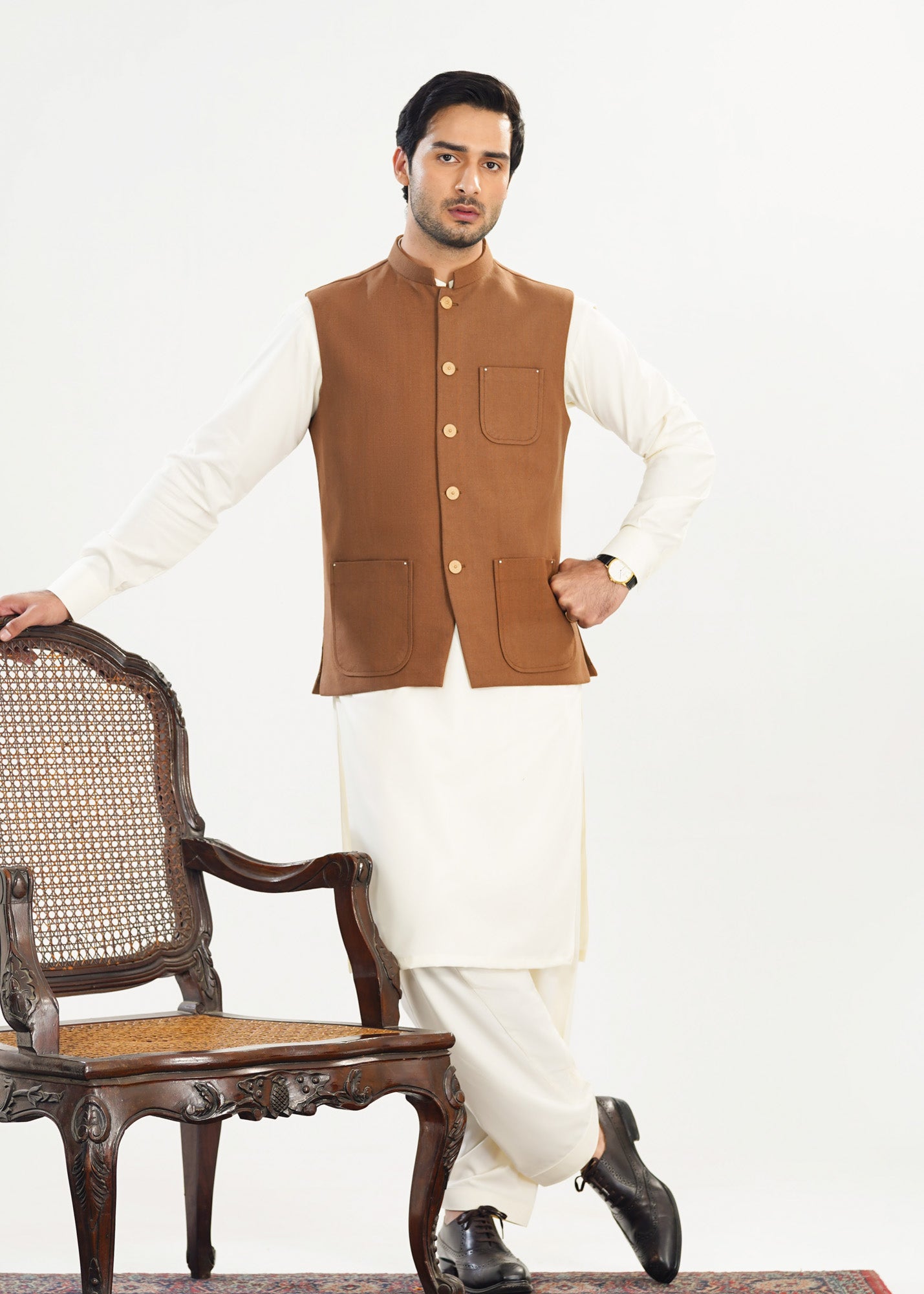 Bosky White Kurta Shalwar with Camel Khaddar Waistcoat - A-Line Cut - Men