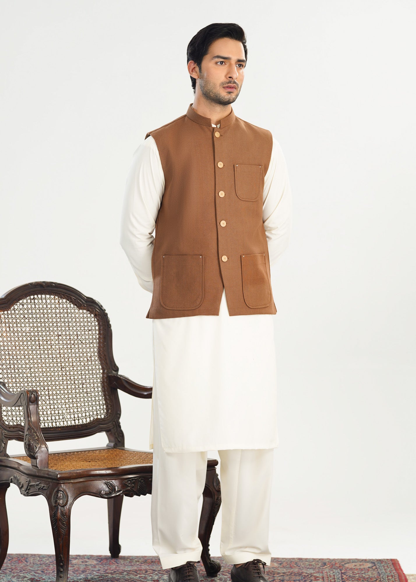 Bosky White Kurta Shalwar with Camel Khaddar Waistcoat - A-Line Cut - Men