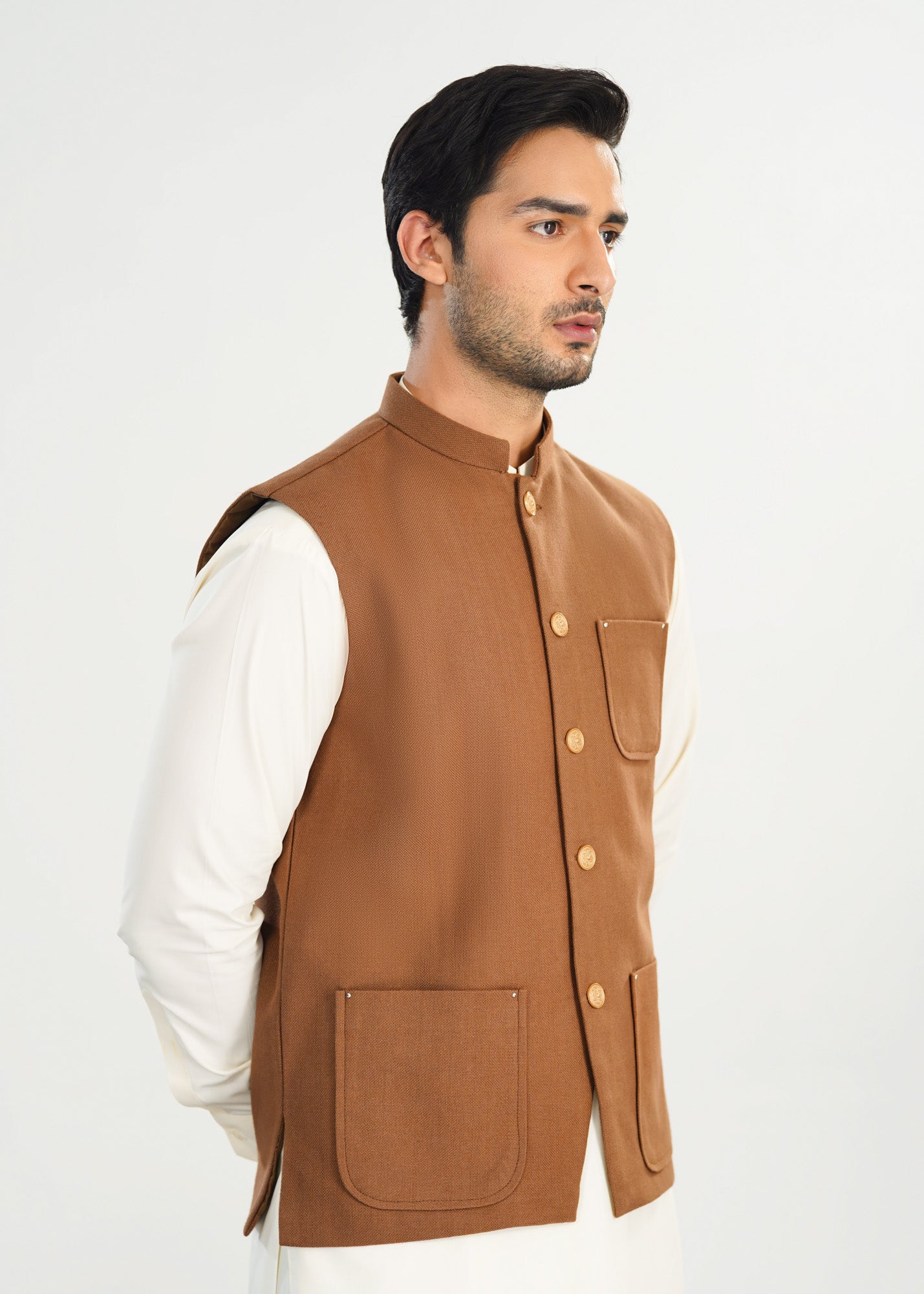 Camel Handloomed Khaddar Waistcoat - A-Line Cut - Men