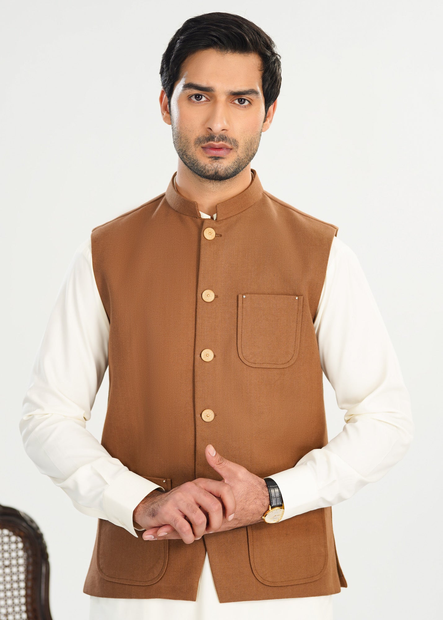 Camel Handloomed Khaddar Waistcoat - A-Line Cut - Men