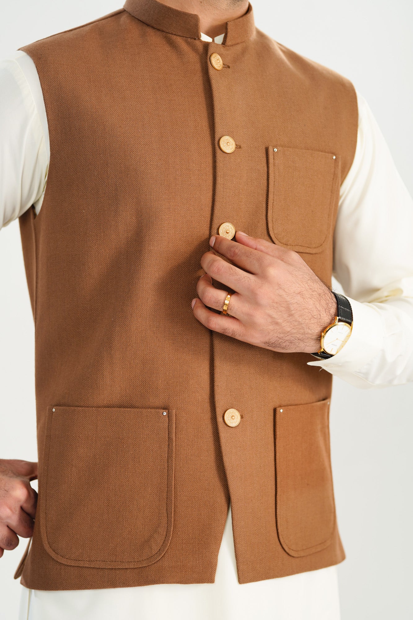 Bosky White Kurta Shalwar with Camel Khaddar Waistcoat - A-Line Cut - Men