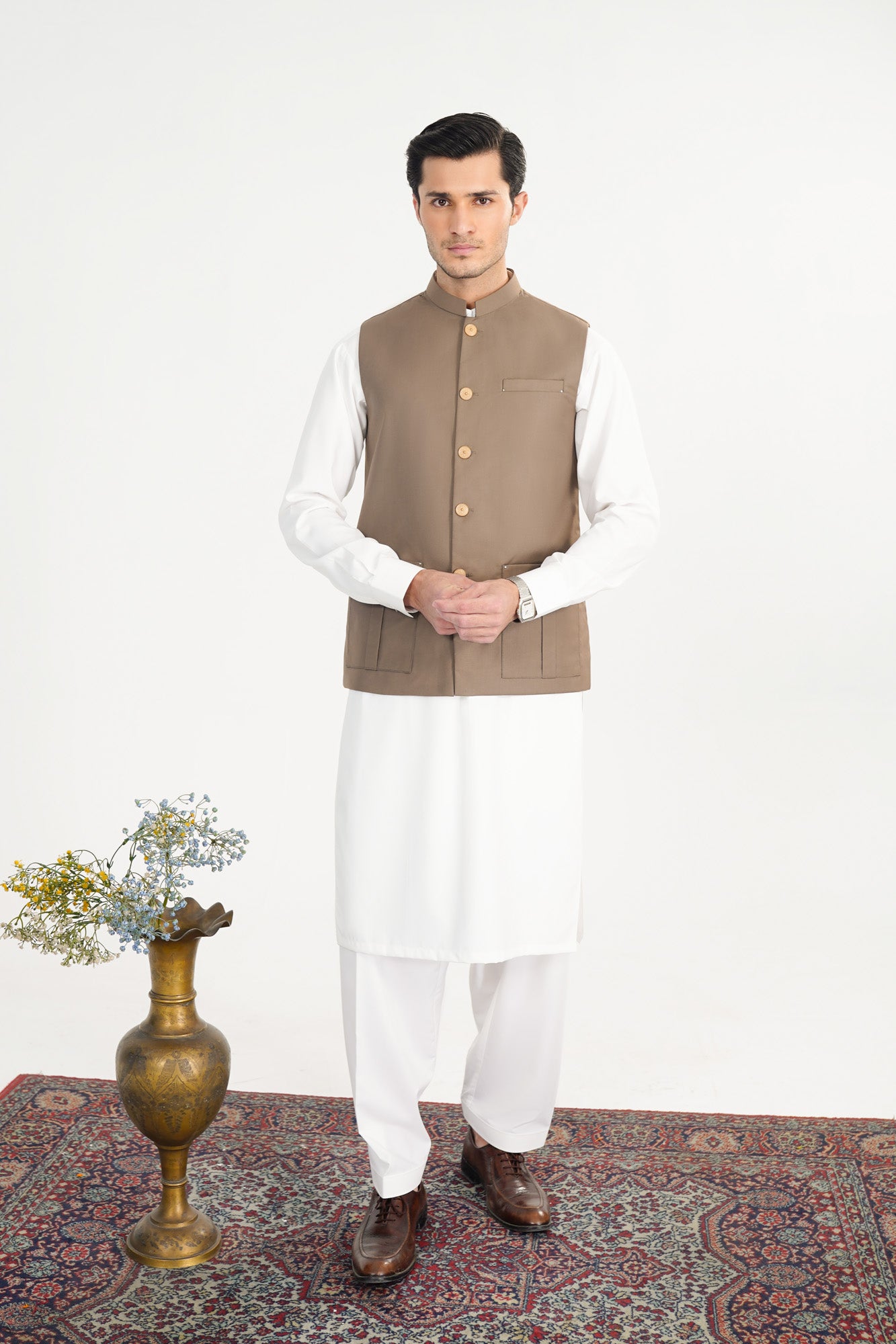 Off White Kurta Shalwar with Sand Beige Suiting Waistcoat - Straight Cut - Men