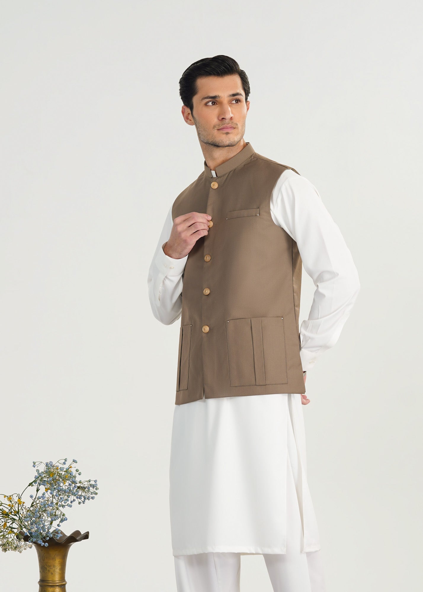 Off White Kurta Shalwar with Sand Beige Suiting Waistcoat - Straight Cut - Men