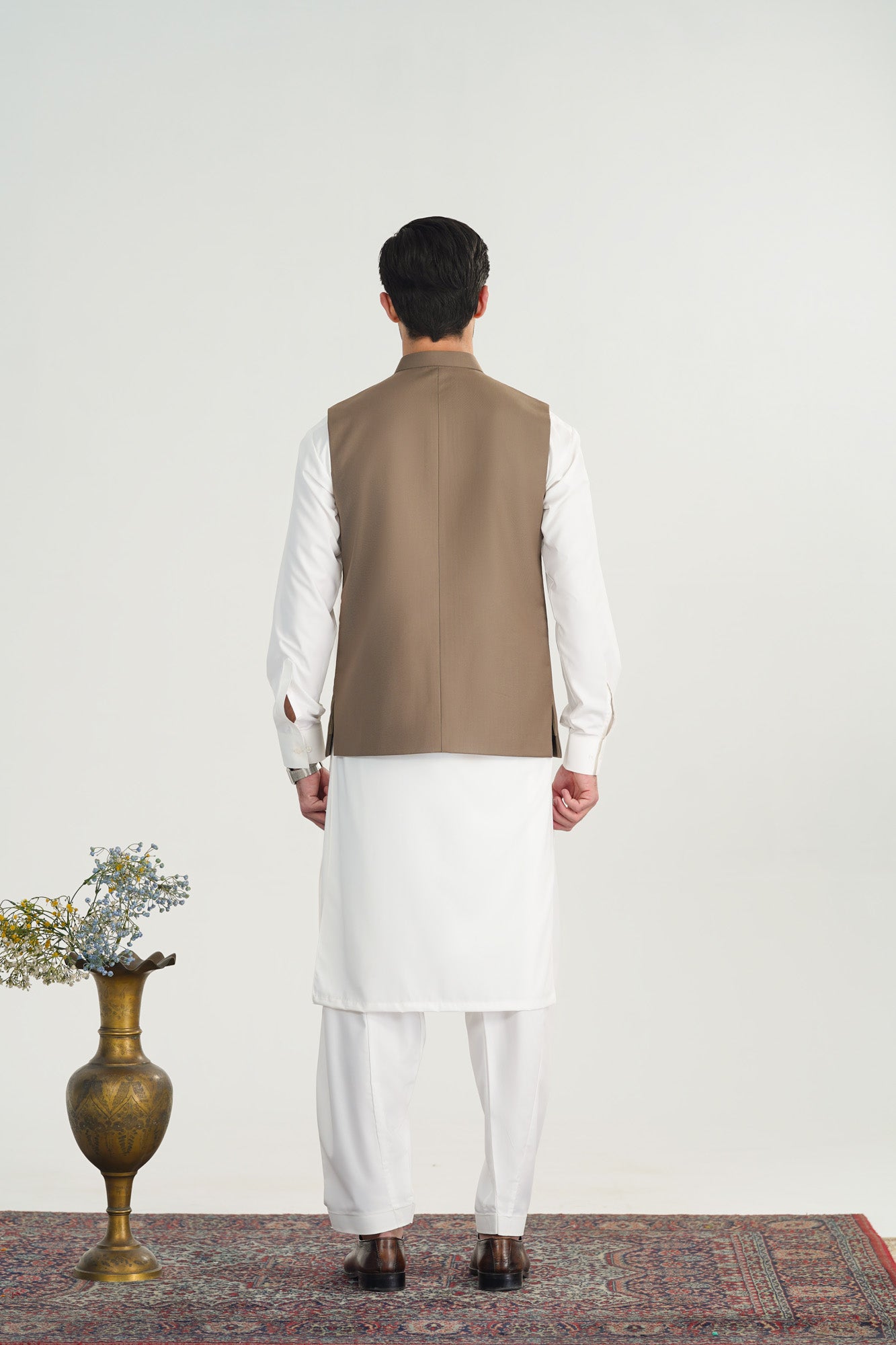 Off White Kurta Shalwar with Sand Beige Suiting Waistcoat - Straight Cut - Men
