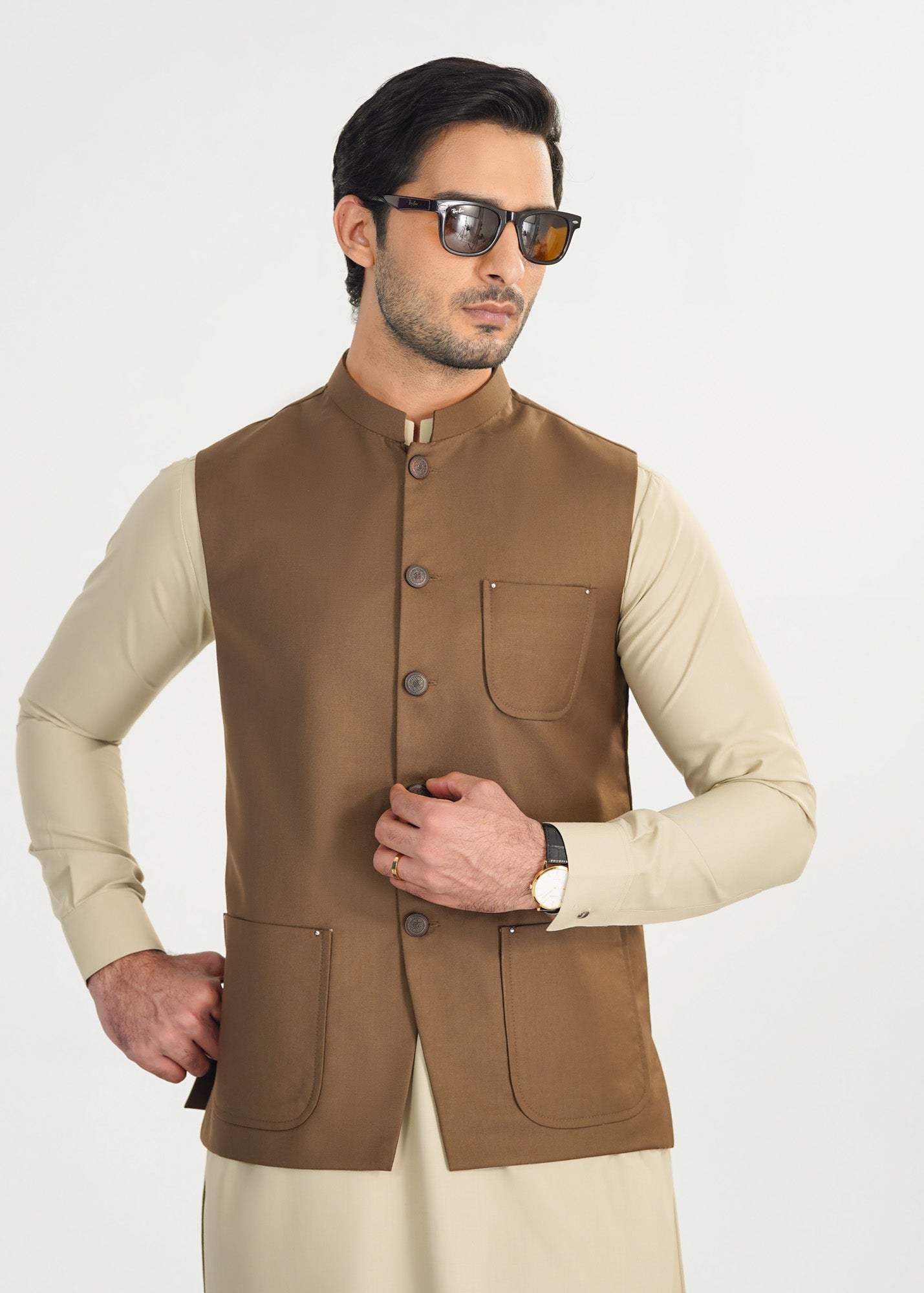 Bisque Kurta Shalwar with Light Brown Suiting Waistcoat - Straight Cut - Men