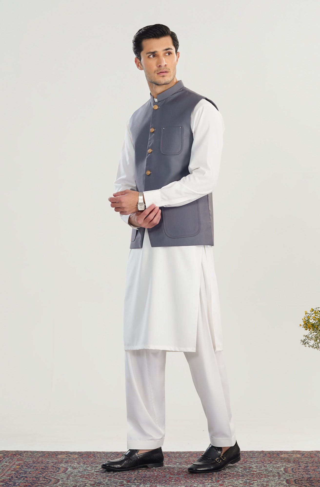 Off White Kurta Shalwar with Bluish Grey Suiting Waistcoat - Straight Cut - Men