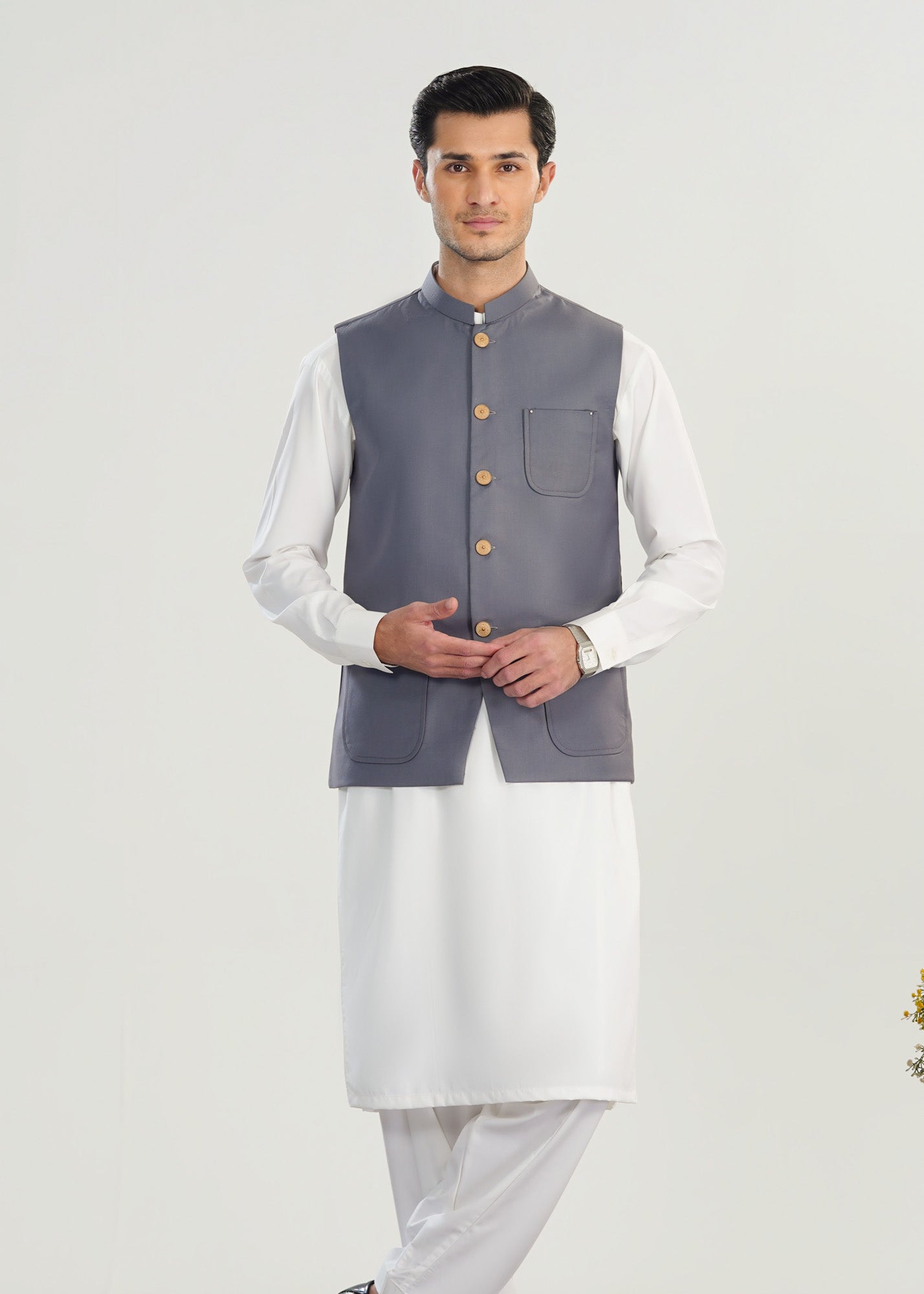 Off White Kurta Shalwar with Bluish Grey Suiting Waistcoat - Straight Cut - Men