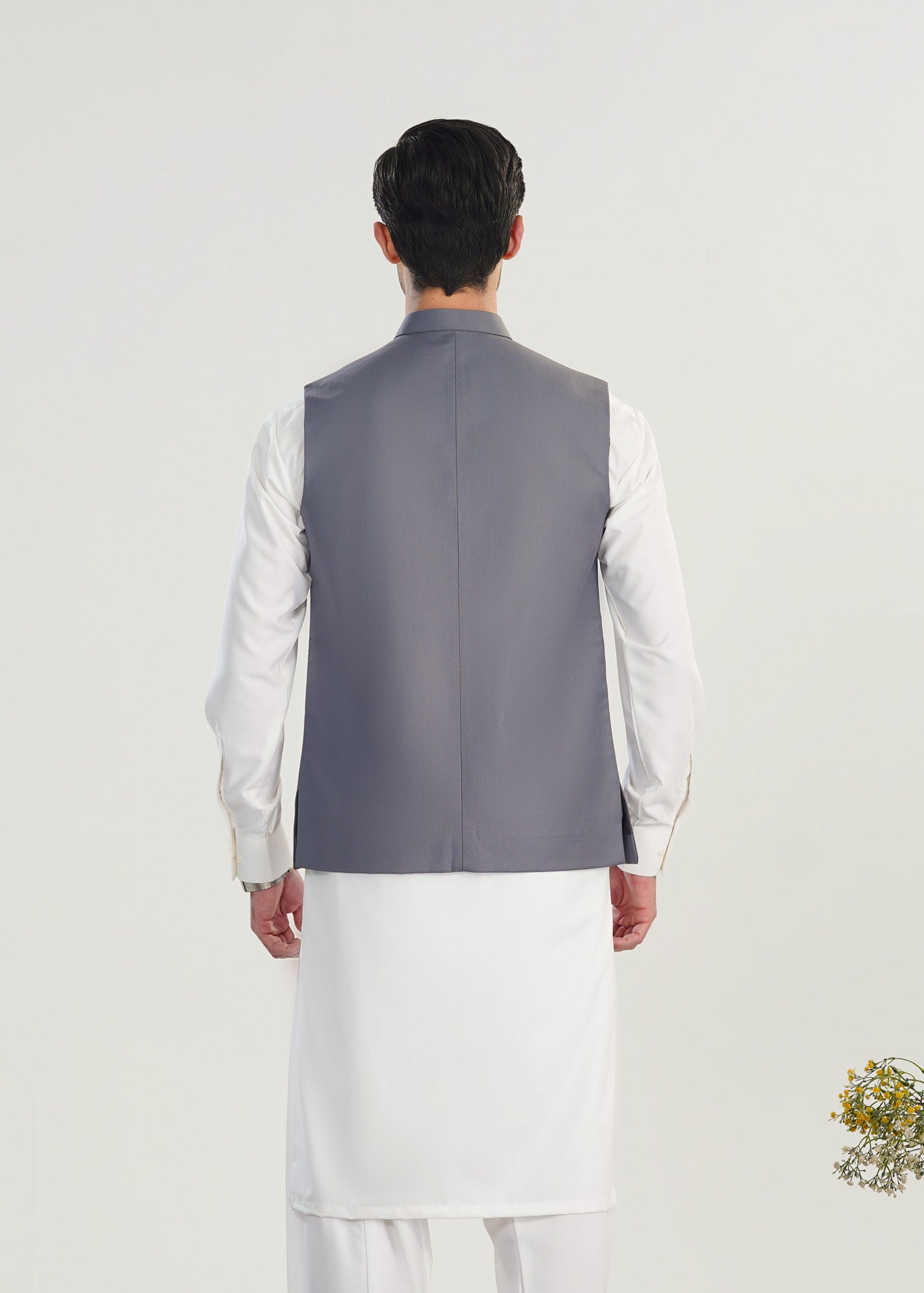 Off White Kurta Shalwar with Bluish Grey Suiting Waistcoat - Straight Cut - Men