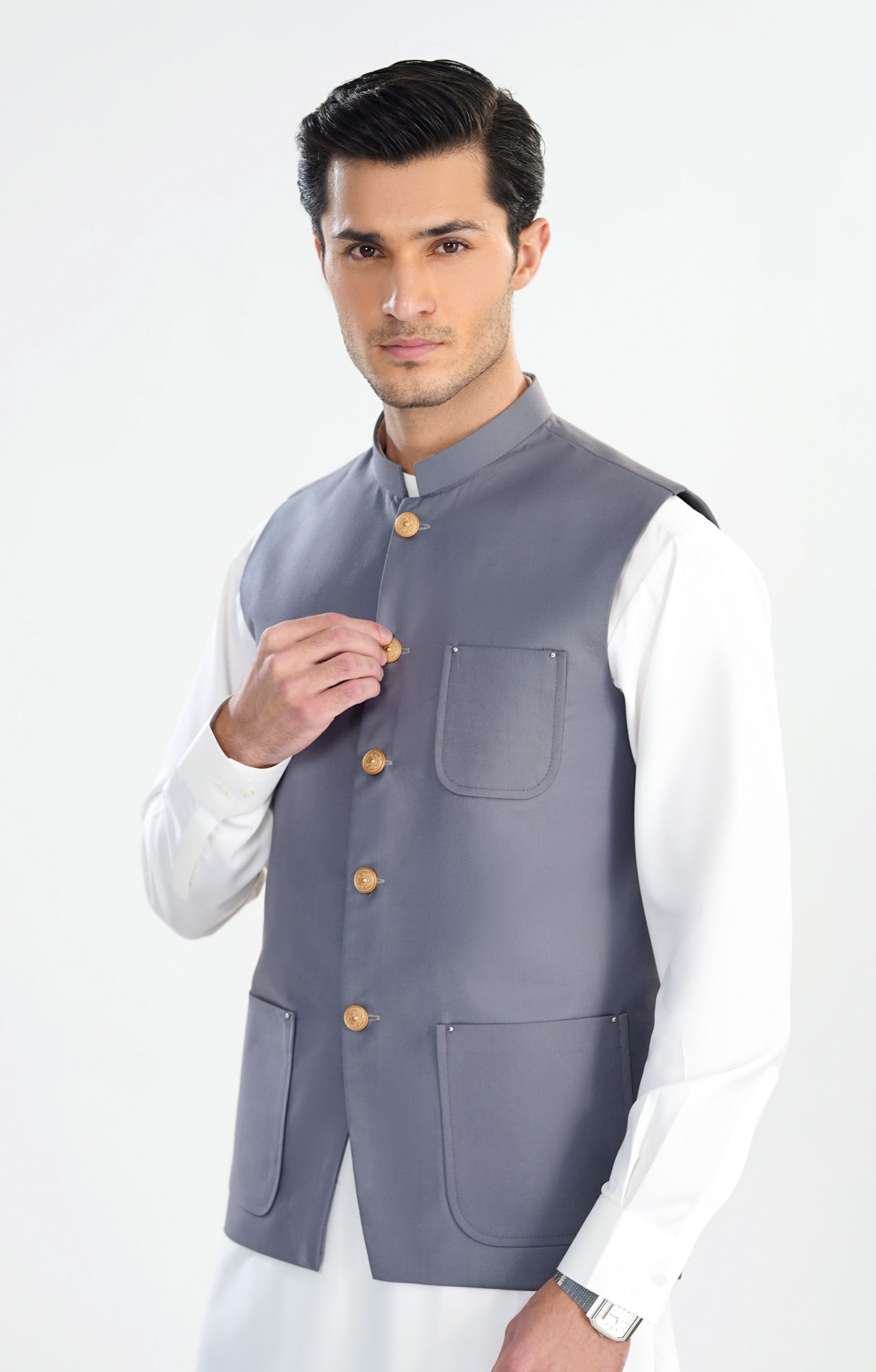 Off White Kurta Shalwar with Bluish Grey Suiting Waistcoat - Straight Cut - Men
