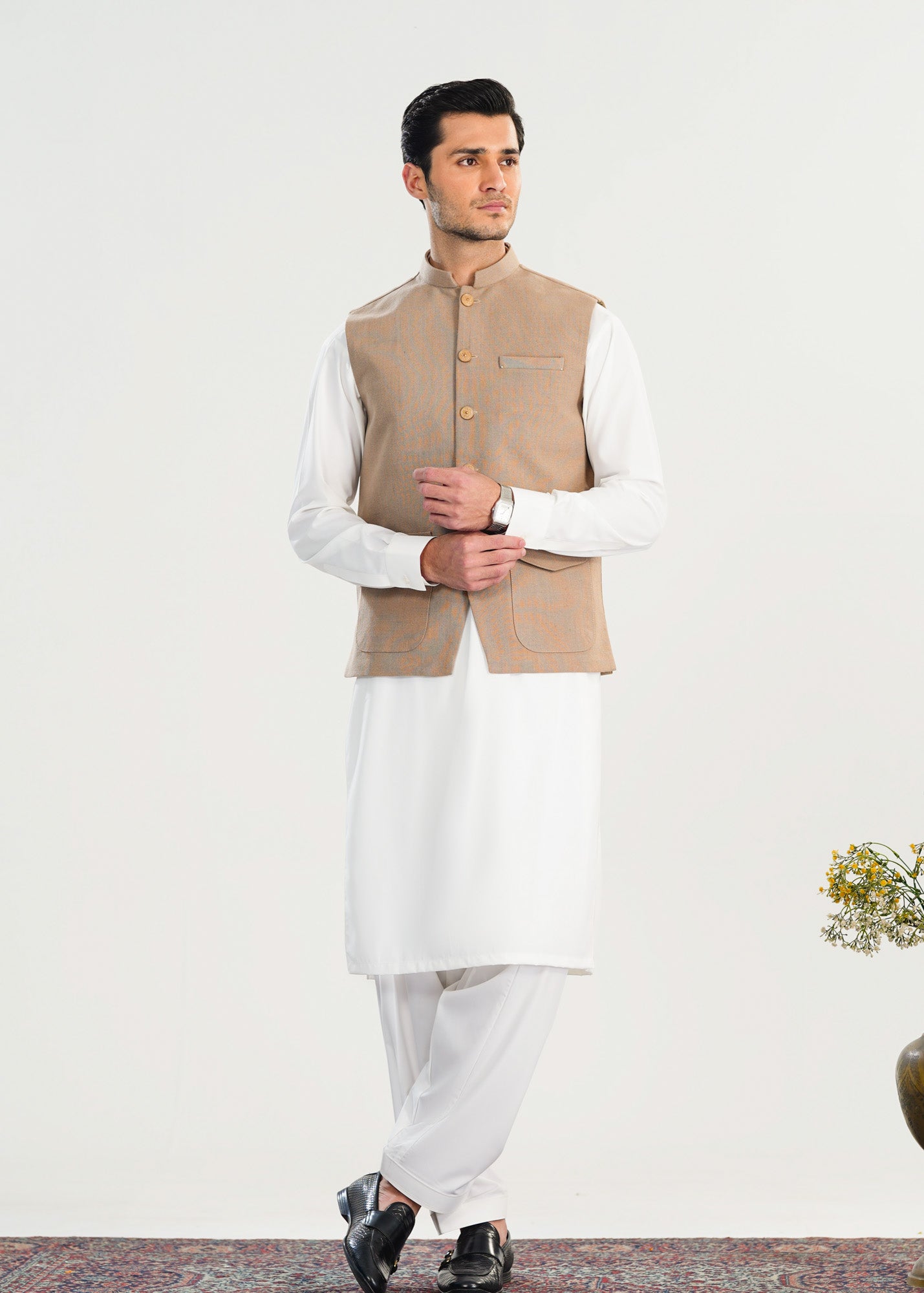 Beige Handloomed Khaddar Waistcoat - A-Line Cut - Men