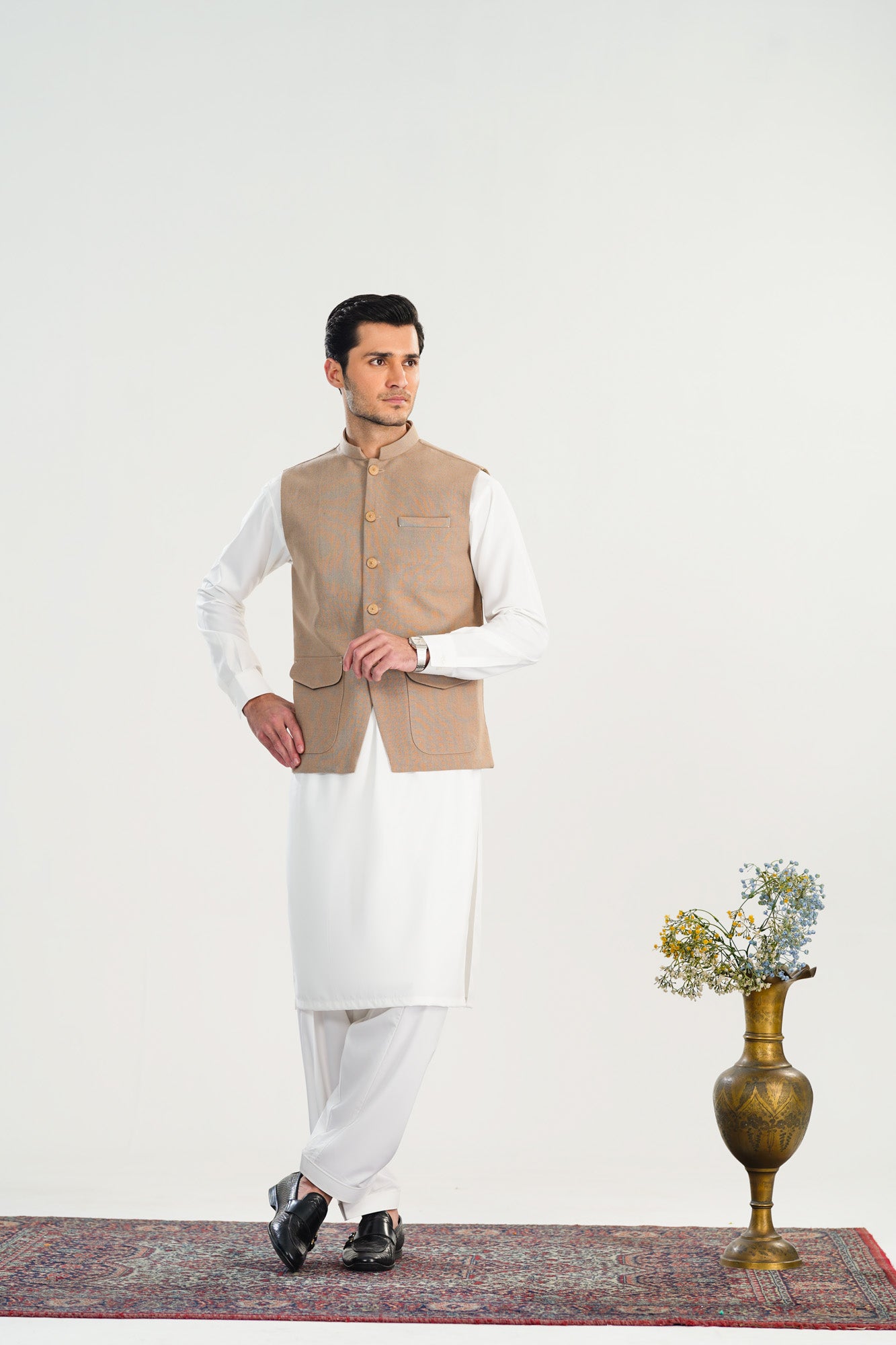 Off White Kurta Shalwar with Beige Khaddar Waistcoat - A-Line Cut - Men